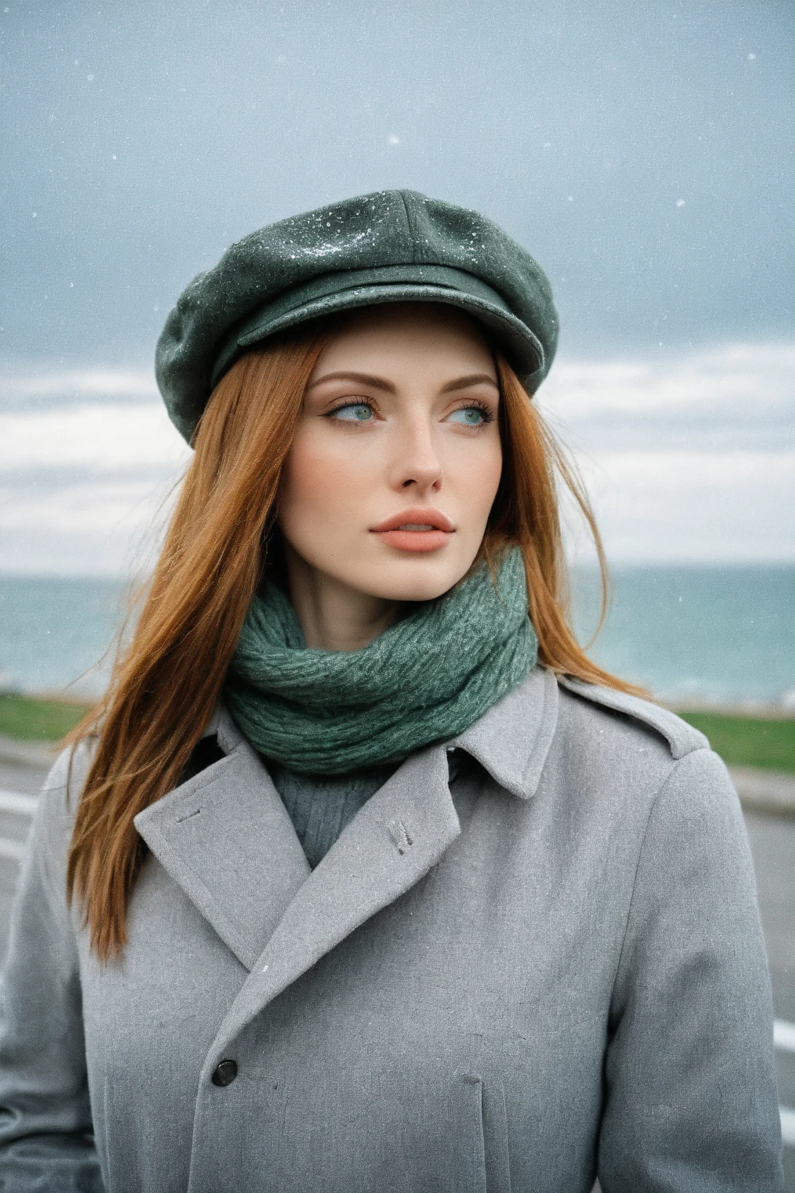 a realistic front-view portrait photography of a beautiful woman with green eyes standing in a town with ocean view, close-up shot, look up to the sky, detailed beautiful meek face, photo take by film camera, fashion lookbook, she has ginger hair, she wearing an trench coat and gray wool hat and scarf, dawn light, winter season, light snow falling, (bokeh), vintage green theme, diffused light, soft focus, depth of field, intricate detail, skin texture