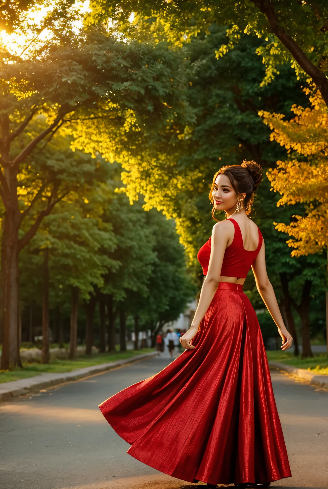 A beautiful woman dancing in streets in red skirt attire, The image showcases her elegance and radiance, standing amidst a golden nature setting.