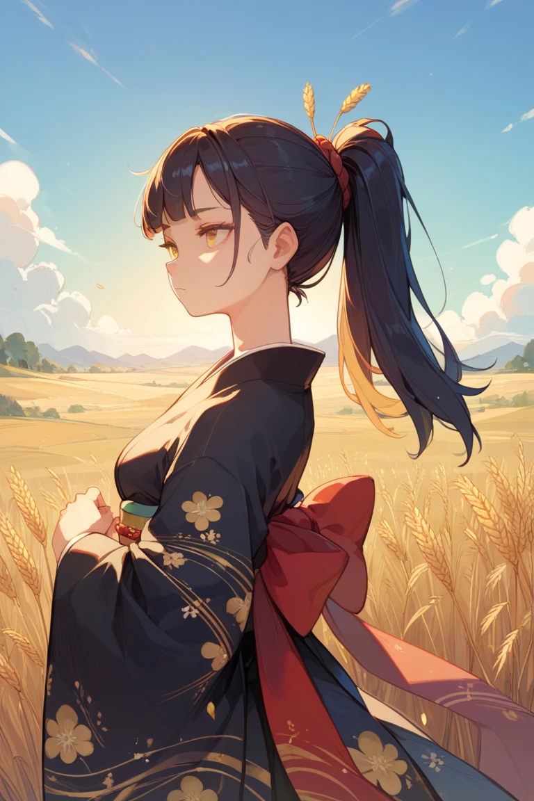  A girl in a kimono stands expressionless in a wheat field with a waist deep, Phnom Penh Black Kimono, Her hair tied into a ponytail ,  yellow eyes, The setting sun shines in her eyes, The light falls on her face, half side facing camera