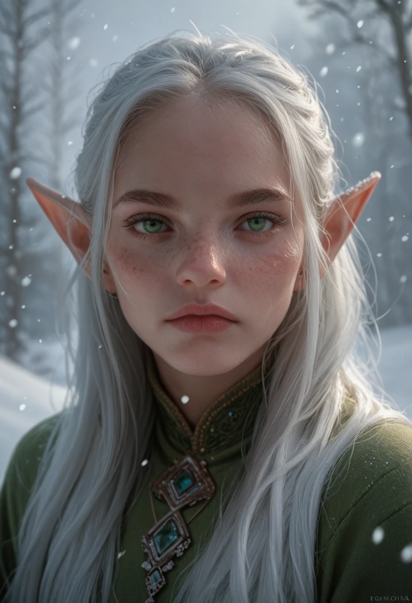 1girl, solo, long hair, looking at viewer, jewelry, closed mouth, green eyes, white hair, pointy ears, artist name, lips, elf, portrait, snow, freckles, snowing, realistic