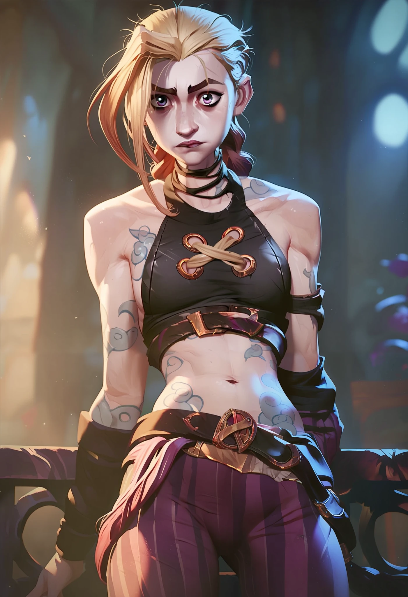 score_9, score_8_up, score_7_up,score_9, score_8_up, score_7_up, 1girl, j1nx, blonde hair, pale skin, chocker, crop top, grey eyes, long blonde pigtails, tattoo, purple striped pants, belt