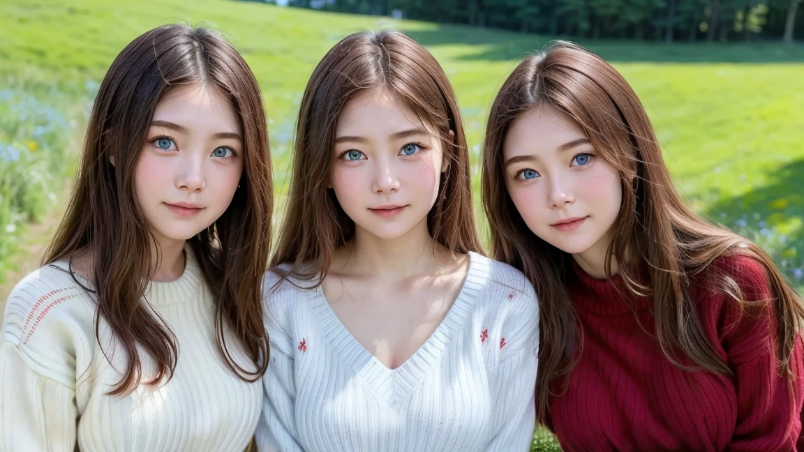 (3 girls), young faceอินโดนีเซีย, 12 years,smile, white skin, Round breast, blue eyes,((Wear a red off-the-shoulder sweater that shows off your cleavage...))Masterpiece, Highest quality, 8ก, beautiful girl, young face、 photography, Cute face, thigh,In the meadow, Embarrassing、รอยsmile、((((((อายุ 12 years))))))、small waist、 ((big breasts))