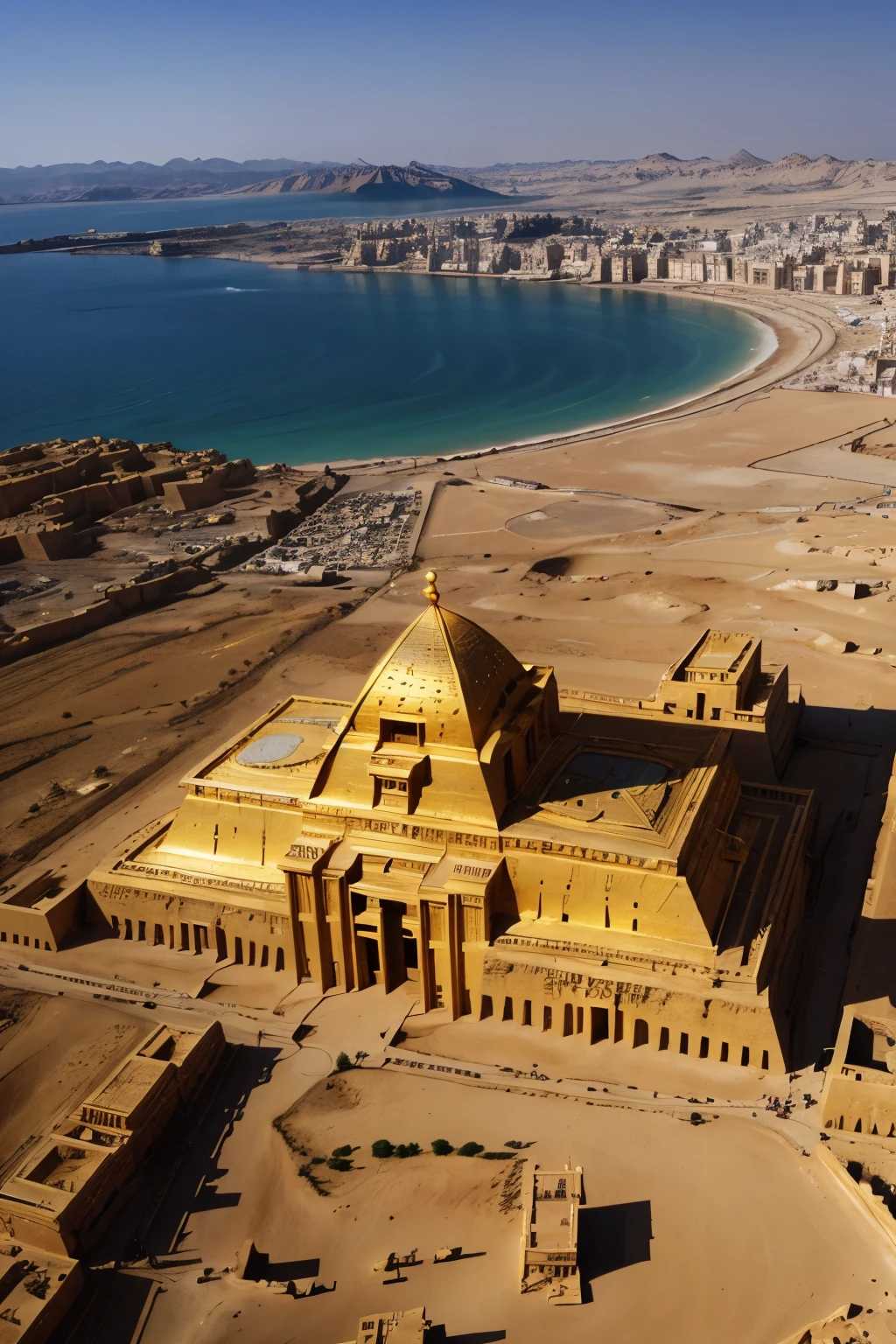 Create the image of the ancient city of Shushan, highlighted by the ancient palace of King Xerxes I, great king of the Persian empire.
I want an aerial image of the city with emphasis on the large and luxurious palace.
I want a high-definition, 8k image with no hand defects or smudges.