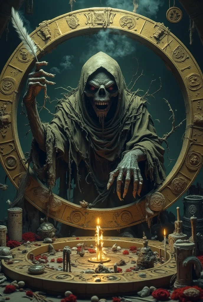 A creepy voodoo doctor surrounded by voodoo relics in a circular object