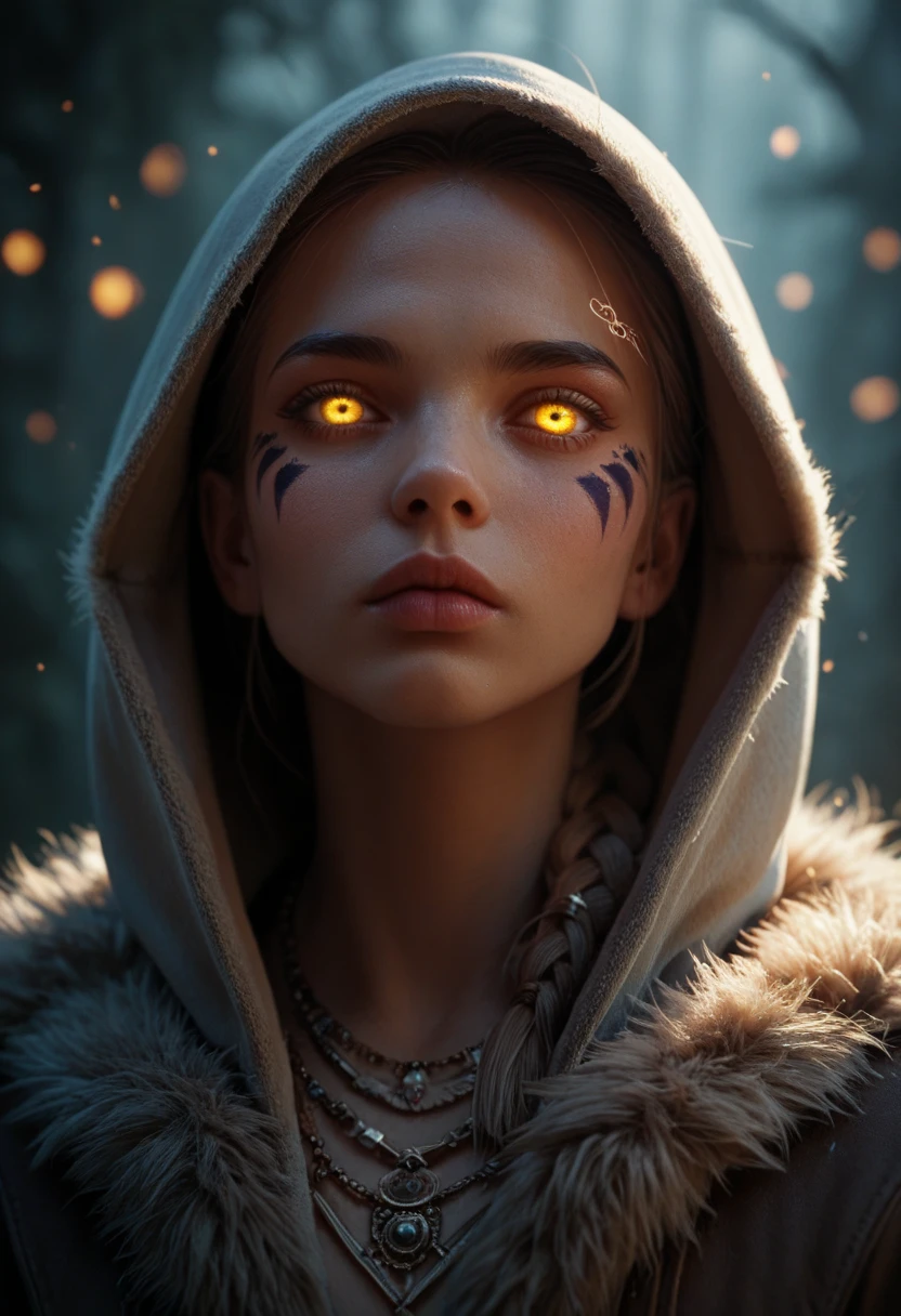 1girl, solo, jewelry, yellow eyes, braid, hood, blurry, lips, fur trim, glowing, facial mark, portrait, glowing eyes