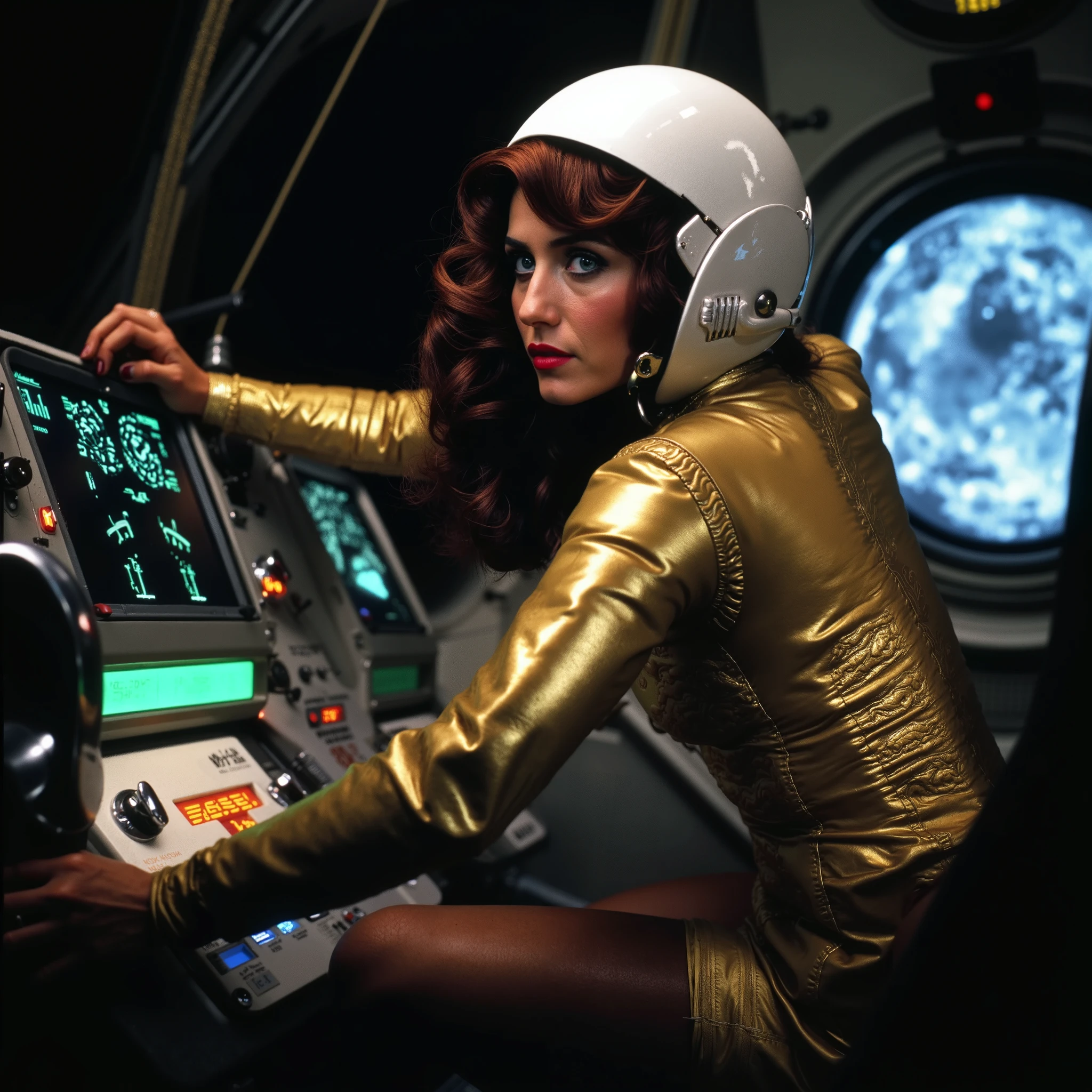UHD, 4k, ultra detailed, cinematic, a photograph of In a retro-futuristic lunar module cockpit designed with Super Panavision 70 aesthetics, a poised brunette pilot focuses intently on the glowing controls. Her metallic gold and silver space suit features intricate corset-like seams, accentuating her silhouette, with delicate lace-inspired embroidery along the edges of her gloves and collar. Her helmet, slightly tilted back, reveals soft curls framing her face and classic 1950s makeup—sharp eyeliner and deep red lips.
The cockpit is a symphony of vintage technology: rounded monitors displaying radar screens, oversized levers, and chrome-rimmed buttons blinking rhythmically. Through the module’s wide viewport, the Moon’s cratered surface grows closer, illuminated by the brilliance of Earthlight reflecting in the dark void. The scene is alive with textures, from the shine of her polished boots resting on the foot controls to the soft leather of her seat, cinematic film footage, detailed background, detailed sharp edges, detailed skin pore, 1950's film skin tone color, 1960's film skin tone color, 1970's film skin tone color, In Super Panavision 70 Technicolor Film style In Super Panavision 70 Film style, vintage film skin tone color, classic film skin tone color, Kodak film skin tone color, Fujifilm skin tone color, Todd-AO film style, 70 mm film prints, vistavision style, Technicolor film style, Kodak Eastman 100T 5247 film style, Ultra Panavision 70 film style, Super Panavision 70 Film style, 1girl, solo, looking at viewer, long hair, red hair, hat, upper body, parted lips, blurry, blue eyes, from side, lips, blurry background, white headwear, realistic, dark, bangs, portrait, epic, beautiful lighting
