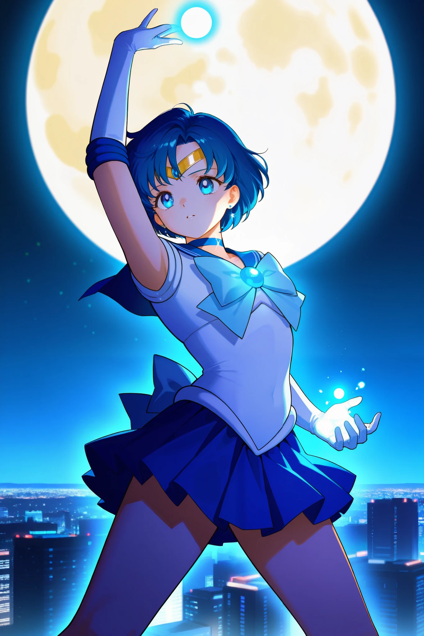 anime, Sailor Mercury, detailed face, short blue hair, large blue eyes, white and blue uniform, bow on chest, white gloves, glowing orb in hand, standing pose, night city background, full moon, soft lighting, 35mm