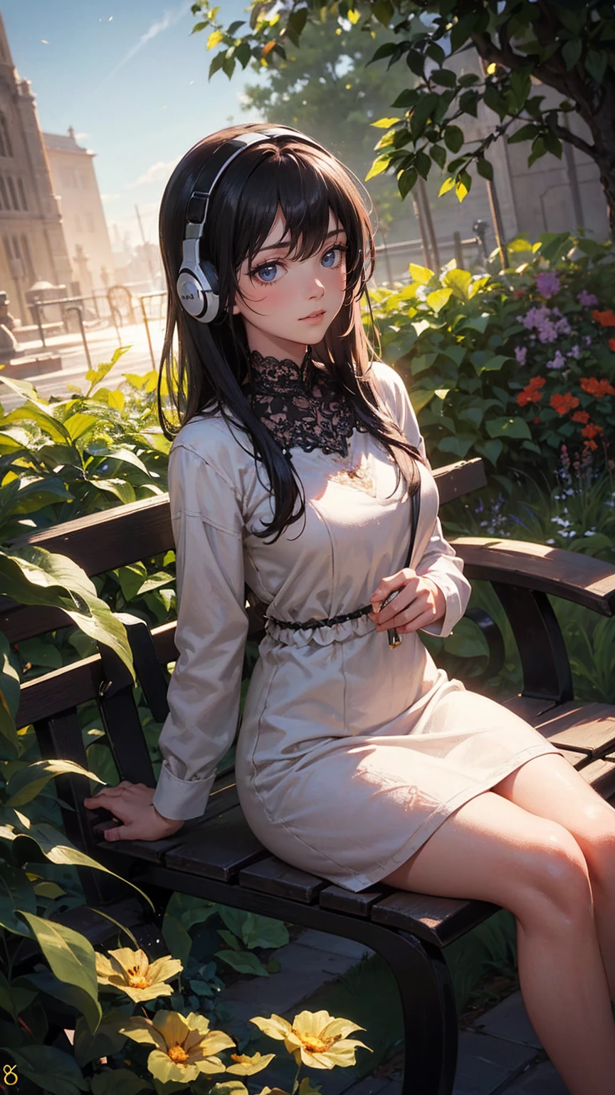 1girl,solo,expressionless,wearing headphones,sitting on garden bench,beautiful detailed eyes,beautiful detailed lips,extremely detailed face,longeyeyelashes,intricate details,hyperrealistic,8k,masterpiece,cinematic lighting,vibrant colors,lush garden background,photorealistic,studio lighting