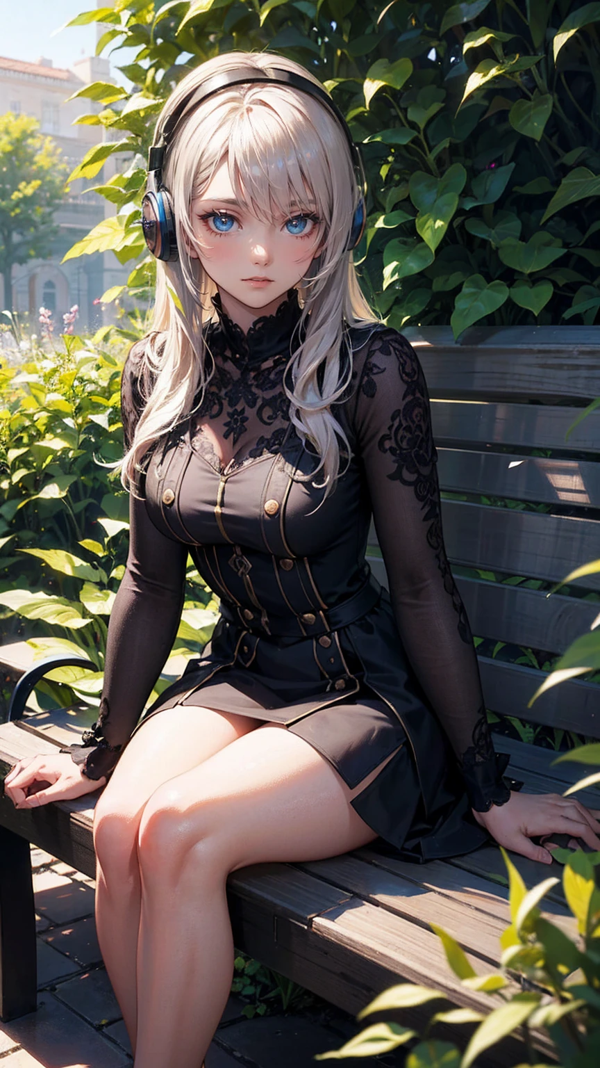 1girl,solo,expressionless,wearing headphones,sitting on garden bench,beautiful detailed eyes,beautiful detailed lips,extremely detailed face,longeyeyelashes,intricate details,hyperrealistic,8k,masterpiece,cinematic lighting,vibrant colors,lush garden background,photorealistic,studio lighting