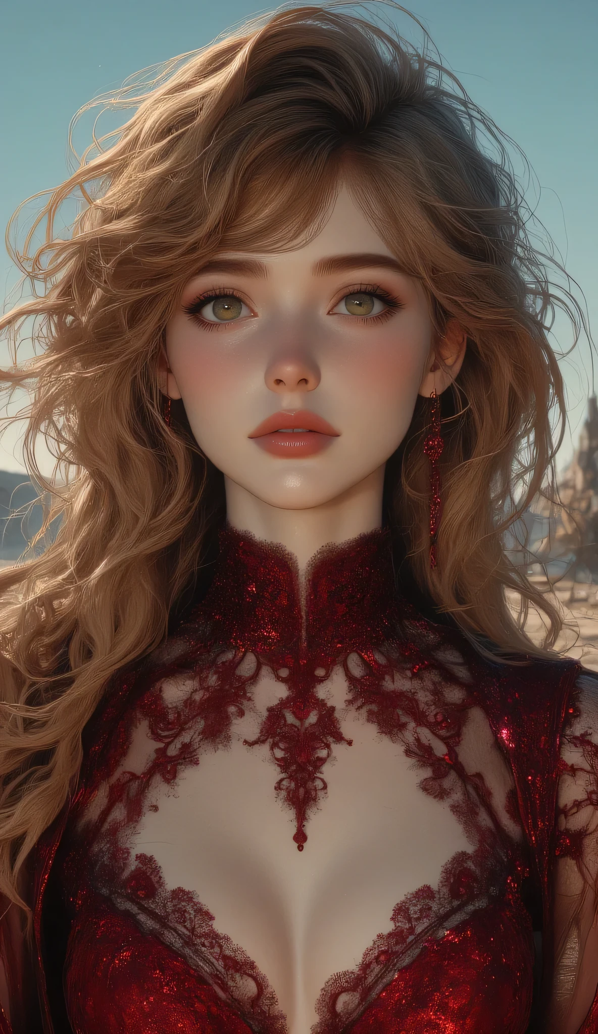 A beautiful woman with Layered bangs haircut , long golden brown straight quite silky thick hair , mesmerizing doe almond-shaped Hazel eyes mixed with green , plump full round natural red lips like doll lips , button flared small nose , round face with rosy plump cheeks and small forehead, sharp jawline, full long eyelashes, delicate eyebrows , very white skintone , freckles , ethereal beauty, masterpiece, cheeks dimples , goddess beauty , no wrinkles , wearing dark red long dress , make her the most beautiful girl ever , no compassion , high quality, realistic, , beach background as she wears sexy revealing cleavage dark red dress , detailed lighting and shadows, anime style, 8k, Hi-Res, masterpiece:1.4, bright colors,