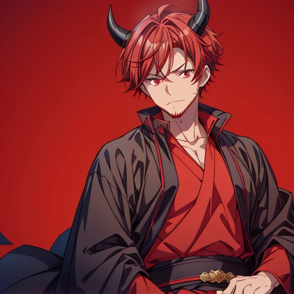  high image quality、8k、 High Quality 、Red Hair、Devil horns、(Cool Uncle:1.3)、 Black Robe 、(male:1.5)、(Short Hair:1.3)、(Red beard:1.2)、Holding a folding fan