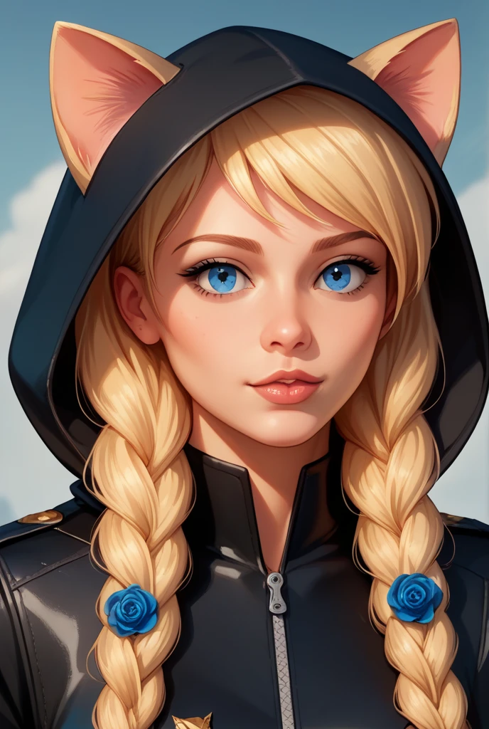 1 girl, solo, blslavya, blue eyes, blonde hair, twin brains, hair over shoulder,cat ears,  Hair flower , hood, HD model,  high resolution,  masterpiece fails, Accuracy,  Realistic anatomy ,  award-winning ,  better quality ,  In detail,  high detail ,  high quality , quality,  Main detail,  textured leather ,  Ultra high definition , 