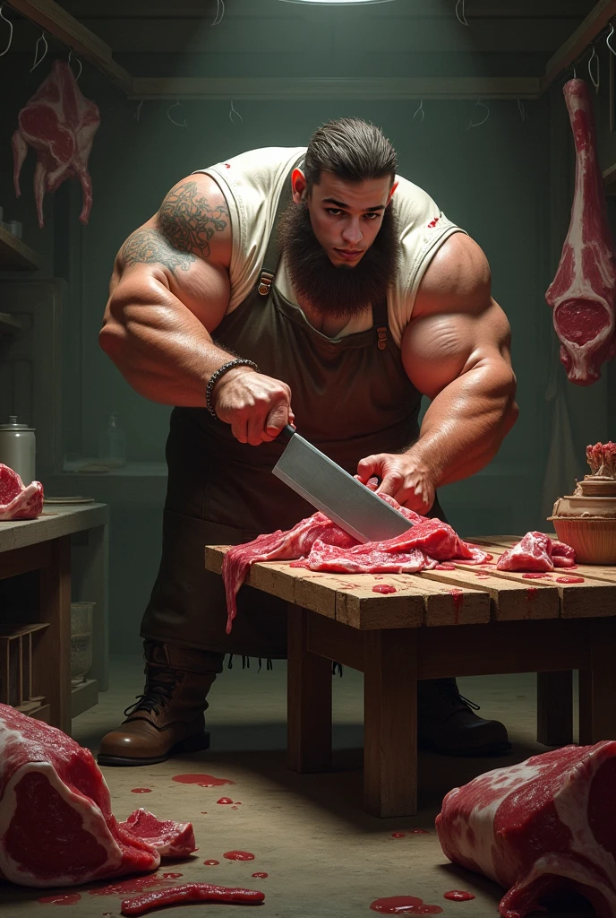 (extremely detailed CG unity 8k wallpaper, masterpiece, best quality, ultra-detailed), best lighting, best shadow (a butcher humanoid bull, very strong, giant and muscular (((wearing butcher clothes)))), fierce, savage expression, a butcher shop, hanging meats, volumetric lighting.