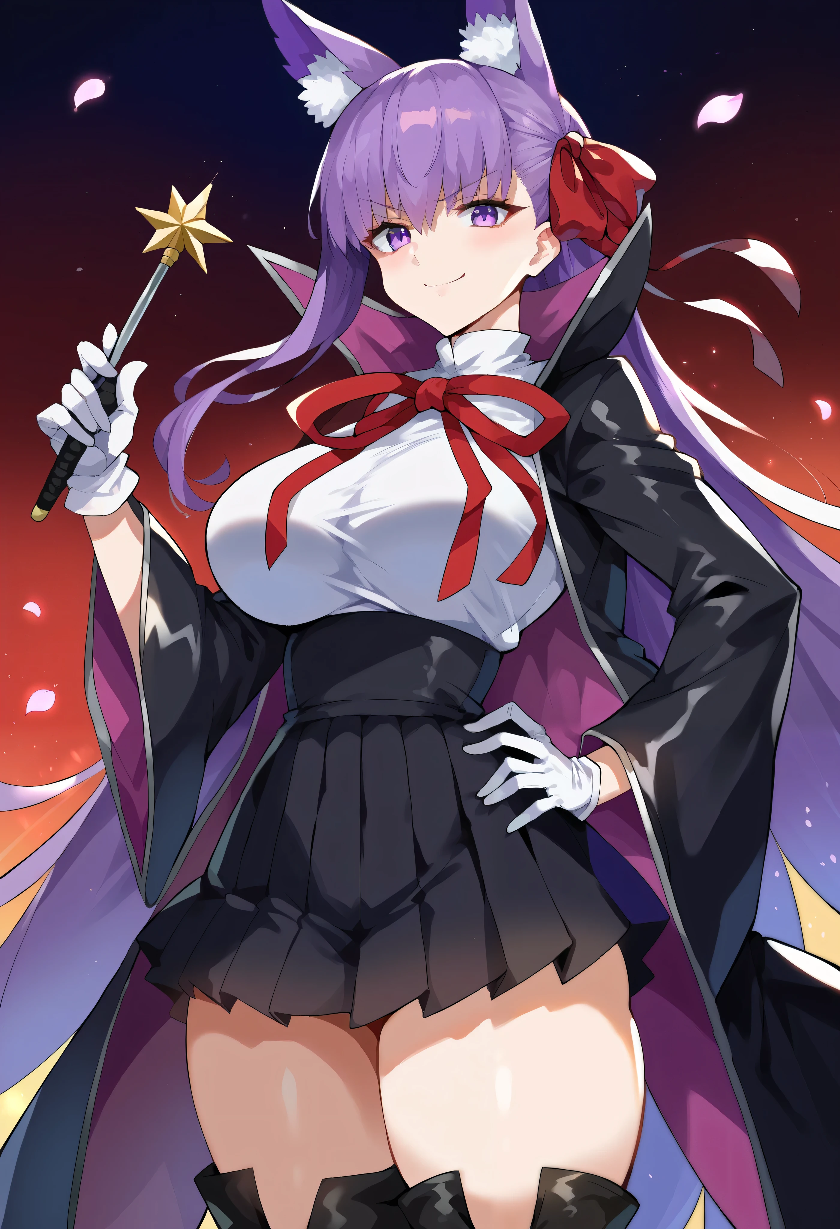 score_9, score_8_вверх, score_7_вверх, источник_аниме, 1girl, bb \(fate\), bb \(fate/extra\), black coat, black skirt, black thighhighs, blush, boots, breasts, coat, cowboy shot, gloves, hair ribbon, hand on own hip, high-waist skirt, holding, holding wand, jacket, large breasts, long hair, long sleeves, looking at viewer, neck ribbon, open clothes, petals, pleated skirt, purple eyes, purple hair, red ribbon, ribbon, shirt, solo, thigh boots, thighhighs, very long hair, wand, white gloves, white shirt, wide sleeves, ((thicc thighs)), wide hips, fox ears, fox tail, fur-trim ears, smile, dark red gradient background, closed mouth, from side
