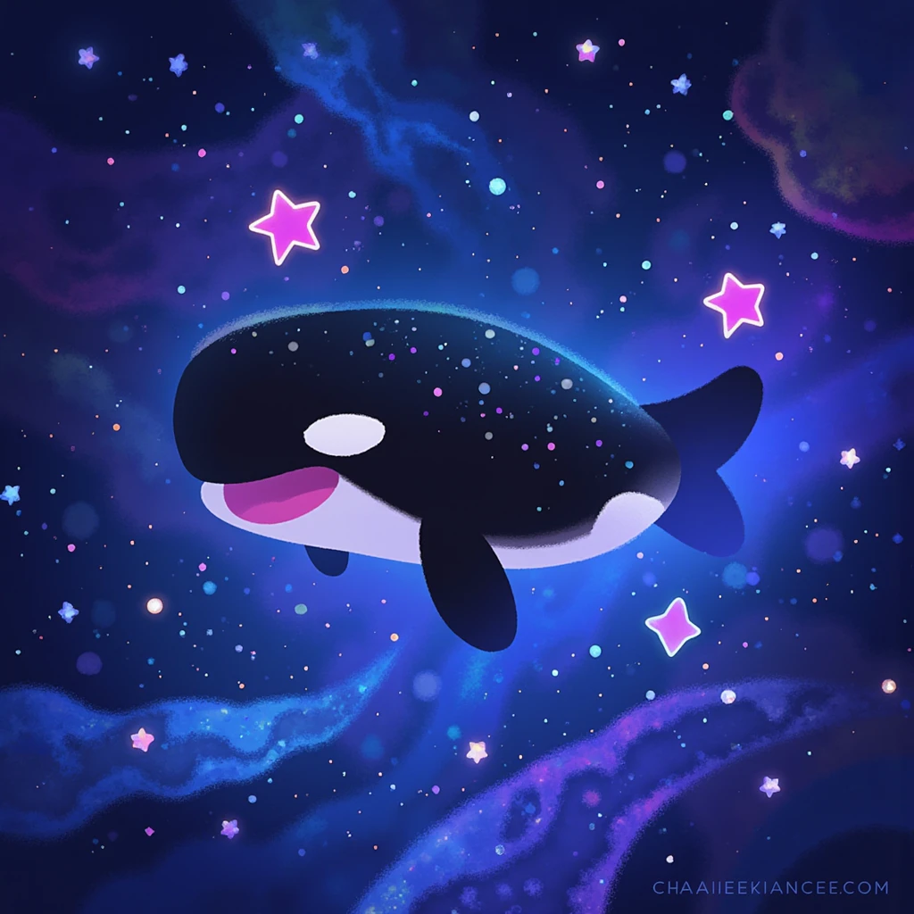 pikaole, an orca swimming in a sea of stars looking magical