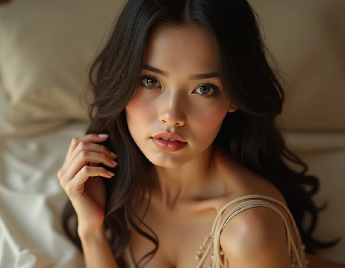 Gorgeous 20 year old girl, with straight hair, Poil long, brown-hair, Brown eyes, métis, tenu sexy, armchair, selfi de main droite, from above, realistic, 4K
