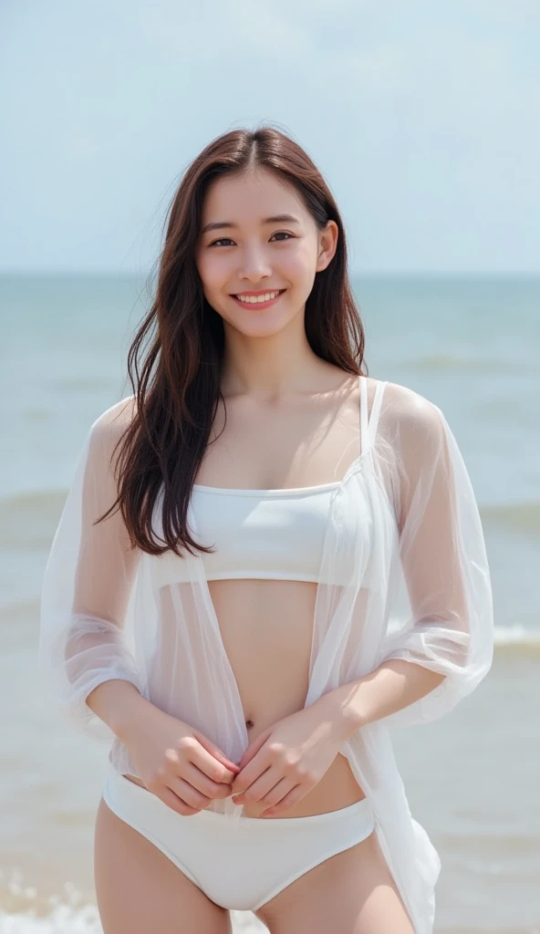 Biologically correct images、 backlight、 backlit、See-through open shirt with loose chest 、  no underwear、 slim figure、 whole body、 top quality、   super high resolution   、 beautiful exquisite face 、 ,   beautiful skin 、  skin texture、Completely naked、Seaside、smile、sunset、