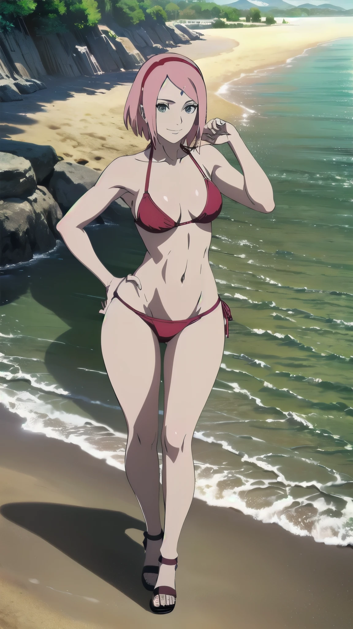 (masterpiece, 4K, Highest quality, anime style: 1.9, Detailed face, Lovely, Ocean,bold, High resolution, anime, Lake 4. alone, Curvaceous, Very slim belly, Cowboy Shot, 1 Girl,,(Leopard print micro bikini),View your viewers,Big Breasts,Naked in a swimsuit,,Your Name,Mitsuha Miyamizu,Red hair ribbon,Black Hair,blush.Embarrassed face,Back view,Show your ass,Thong