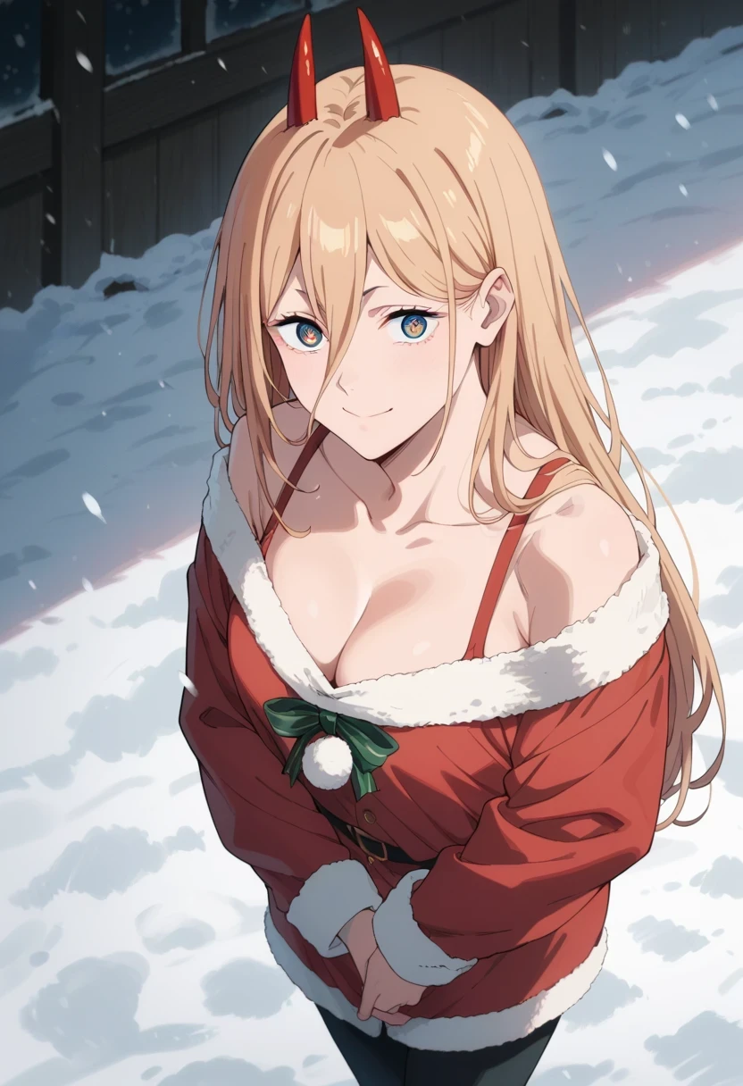 score_9, score_8_up, score_7_up, score_6_up, score_5_up, score_4_up,source_anime,1girl, p0w3r0x1, long hair, blonde hair, red horns,demon pupils, santa outfit, snowy background, anime style, aurora, snowing, holding bags of presents, looked from above, smiling, CLEAVAGE