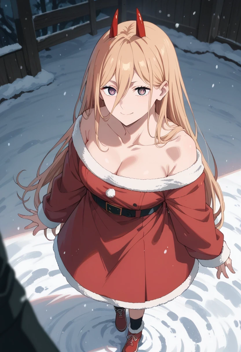 score_9, score_8_up, score_7_up, score_6_up, score_5_up, score_4_up,source_anime,1girl, p0w3r0x1, long hair, blonde hair, red horns,demon pupils, santa outfit, snowy background, anime style, aurora, snowing, holding bags of presents, looked from above, smiling, CLEAVAGE