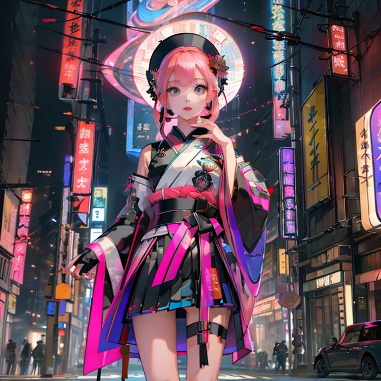 (( top quality )), ((傑 top quality 、masterpiece、High sensitivity、           high definition         、      detailed description      、 delicate face )),     Slender Woman、Glass、      New Year、     Mini skirt kimono 、      cyberpunk、 Hair color:    pink 、On the sign（myo）,The letters （myo）   、
