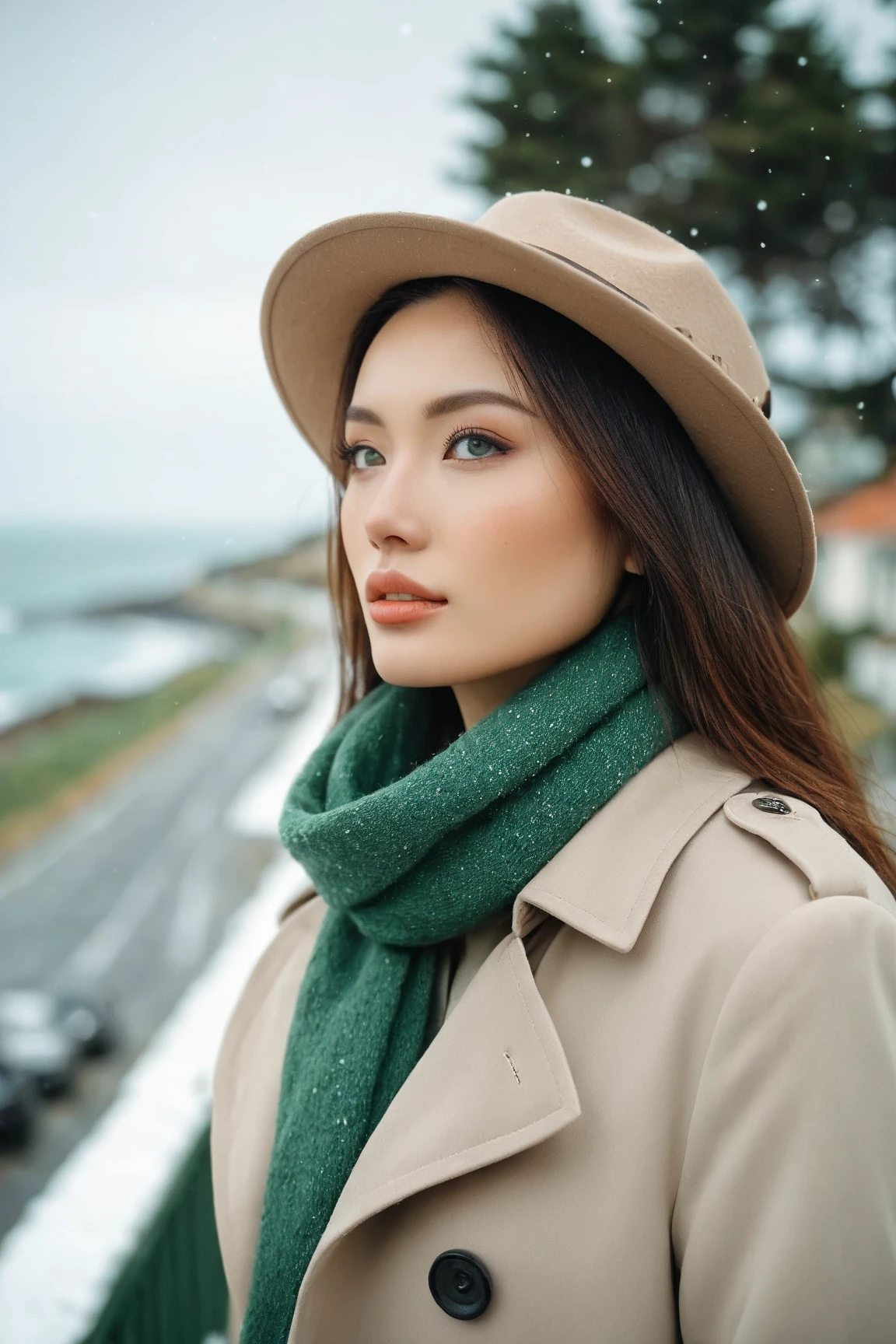 a realistic front-view portrait photography of a beautiful woman with green eyes standing in a town with ocean view, close-up shot, look up to the sky, detailed beautiful meek face, photo take by film camera, fashion lookbook, she has ginger hair, she wearing an trench coat and wool hat and scarf, dawn light, winter season, light snow falling, (bokeh), vintage green theme, diffused light, soft focus, depth of field, intricate detail, skin texture, asian_girl