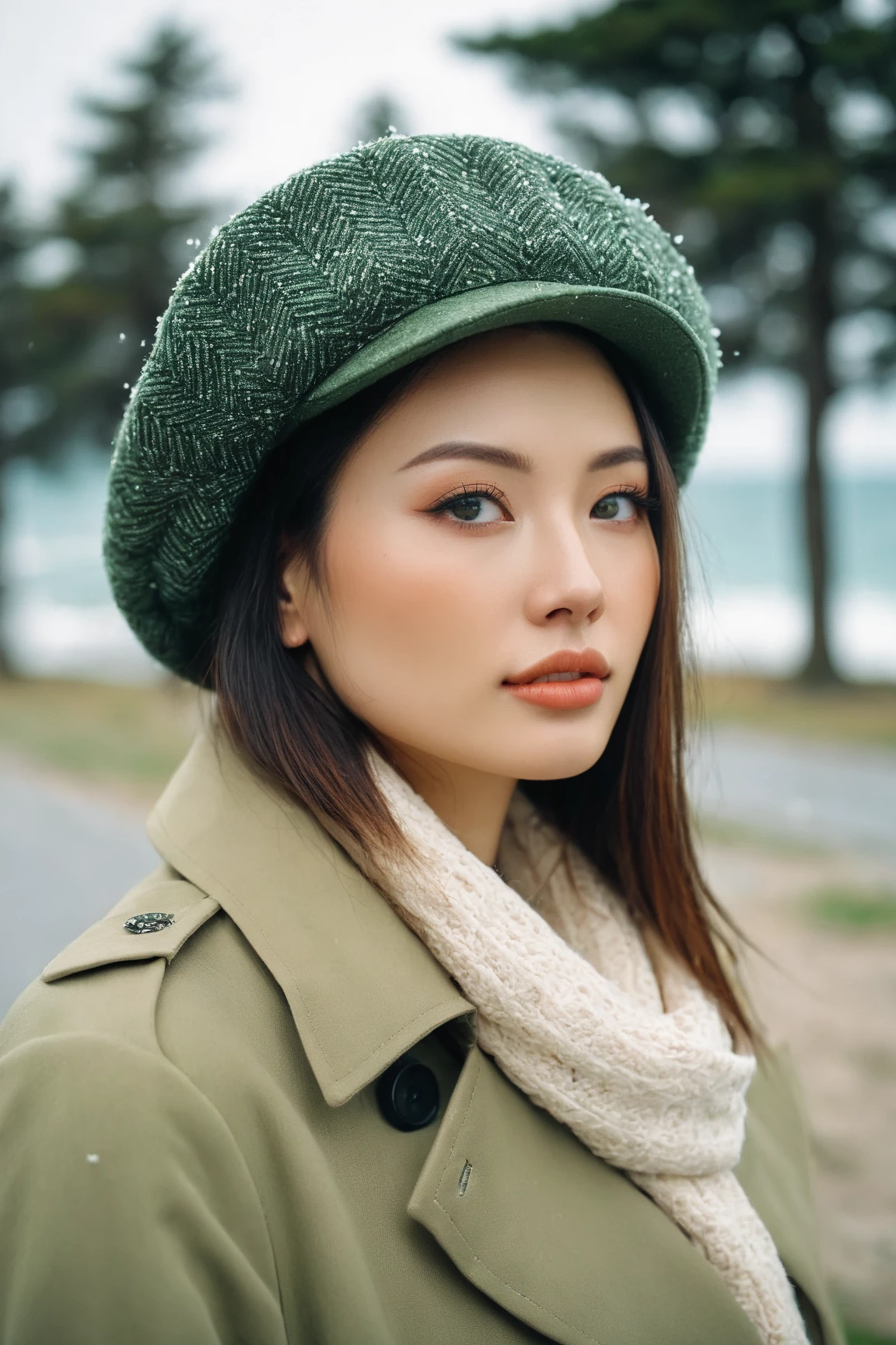 a realistic front-view portrait photography of a beautiful woman with green eyes standing in a town with ocean view, close-up shot, look up to the sky, detailed beautiful meek face, photo take by film camera, fashion lookbook, she has ginger hair, she wearing an trench coat and wool hat and scarf, dawn light, winter season, light snow falling, (bokeh), vintage green theme, diffused light, soft focus, depth of field, intricate detail, skin texture, asian_girl