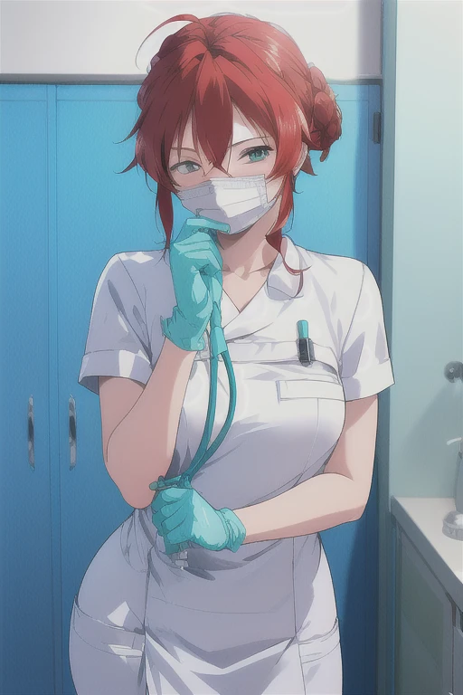 1girl, solo, nurse, nurse cap, white wear, ((white legwear, zettai ryouiki)), white gloves, very short hair, orange hair, ((white surgical mask, covered nose)), standing, ((hospital room)), sharp outline, short sleeves, tomboy, boyish, best quality, masterpiece