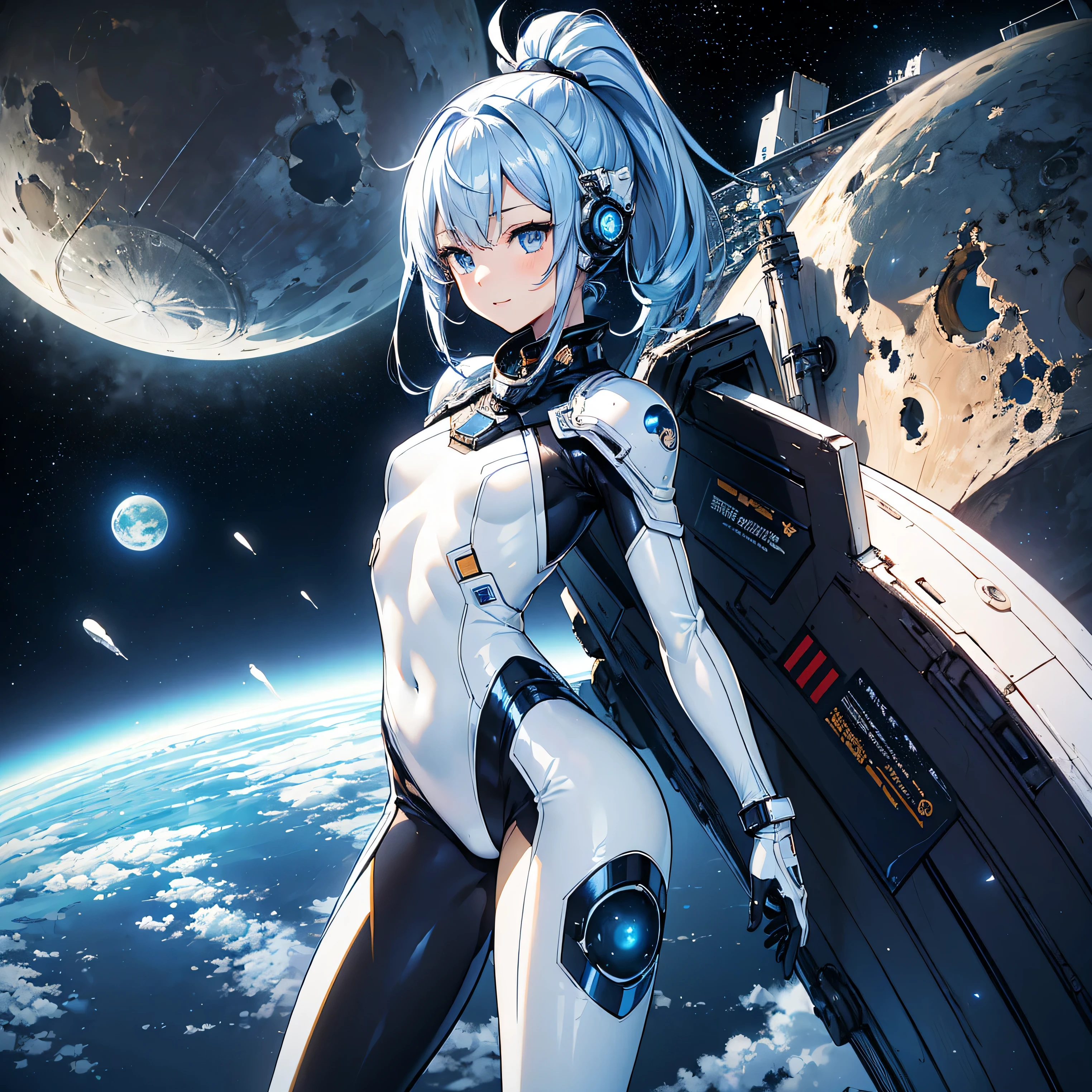 (masterpiece、 top quality 、 Highest Resolution 、 clear_image、 Detailed Details): (Whole body、A 20 year old girl、Japanese Faces、 small face、 slender、Navy blue high knot ponytail、、(Hidden small breasts:1.3)、Sparkling blue eyes 、 white, blue, and black shiny pilot suit、Chest protection armor、Tight fitting clothes、Clothing that covers the whole body、Glamorous clothes、 tight fit pants 、Hide your skin、 very delicate and beautiful 、Detailed Skin、Hide your thighs、Hide your ass、 cute、A gentle smile、Soft expression、heroine、 headset、 long boots、Elbow-length gloves、 eye level shot、Peace talks between warring factions,attention arousal, Clever Blue Eyes,Face directly、 woman on a spaceship )、 background、Moon in the background、shiny pilot suit in white, blue and black colors with galaxy clouds on the background 、Meteor Shower、Saturn、Neptune、comet