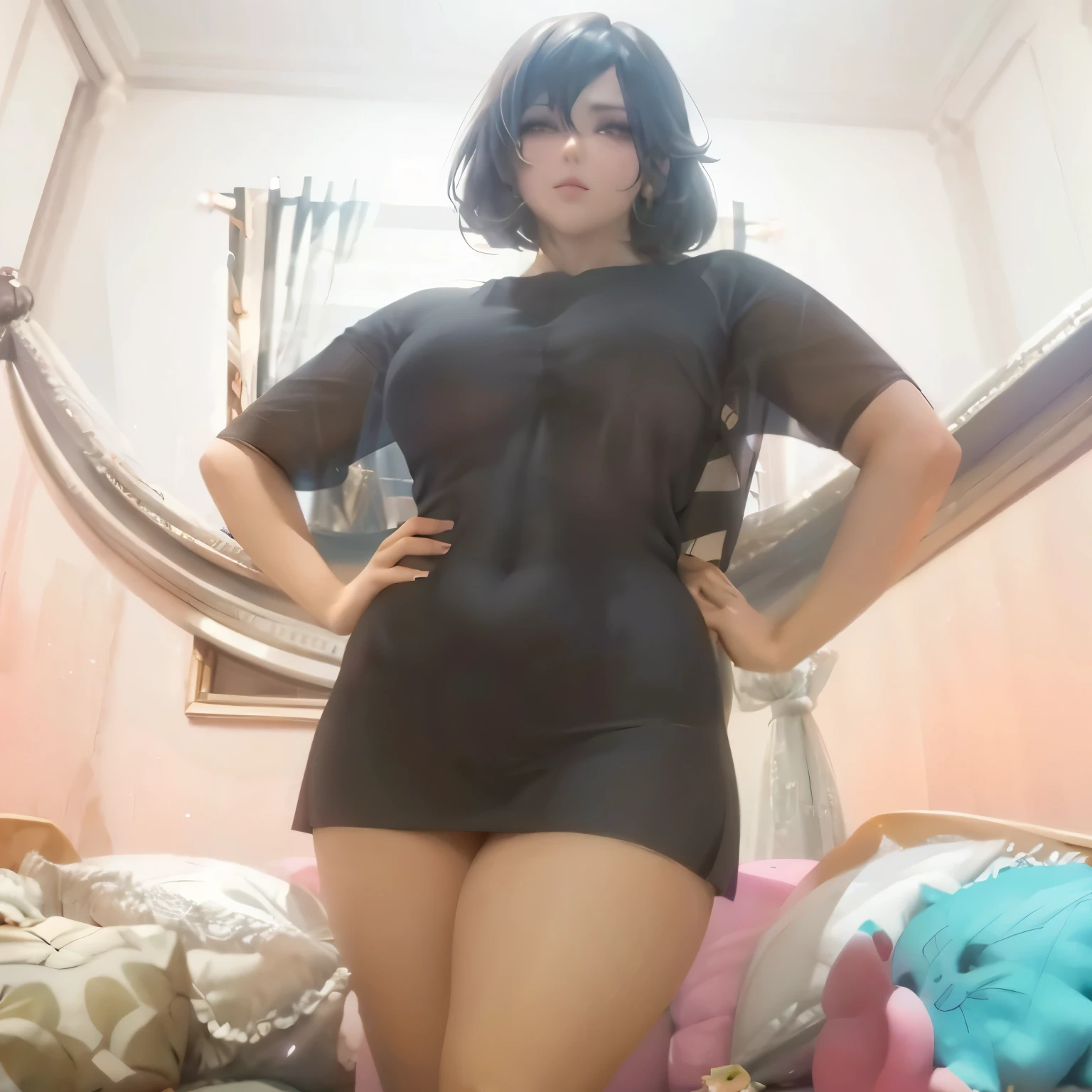 1 boy, Gardevoir, bedroom, fat ass, wide hips, curvy, flat chest, femboy, shortstack, red eyes, black hair, full body, voluptuos, masterpiece, ultra high quality, detailed hands, detailed body, stand, bulge, thong, back view