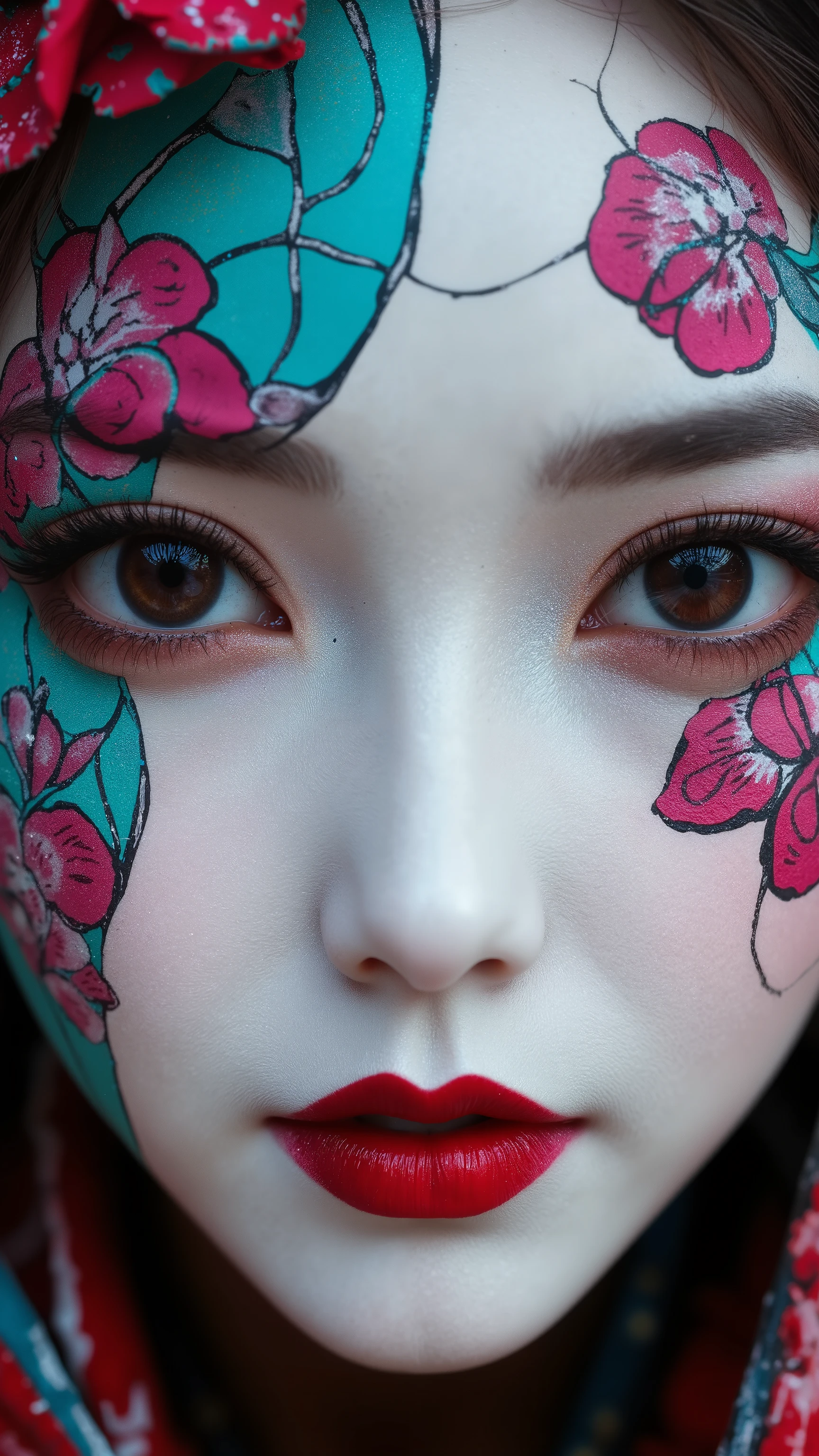 Elaborate Kabuki facial paintings of medieval women, surreal 8K close-up portraits, and deep details and rich symbolism of classical Japanese art forms. Her basic facial color symbolizes bold, bright white, sacredness, and elegance. The carefully drawn black lines that follow the contours of her wide and intensely concentrated eyes create a charming depth of vision. The red emphasis emphasizes the lips and the art form. The vibrant turquoise and magenta patterns elevate visual drama and add a surreal feel.