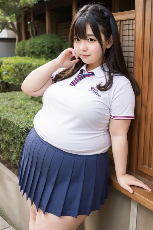 Fat round face female student、Summer uniform、My clothes are about to tear、The meat in the belly is puni puni puni、Thighs are plump、Navel out、Shoulder out、Thick、Double chin、a smile、crouching down、opens legs、pantyshot
