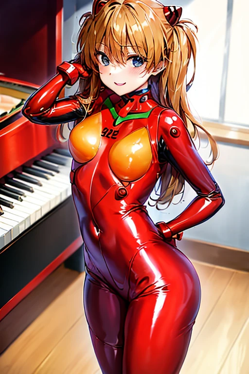 (( top quality )), ((masterpiece)), (be familiar with), perfect face, indoor, bedroom,  viewers because it's Shiragane in the middle of winter,
One woman,  Soryu Asuka Langley ,
開いた口,  ecstatic expression beside the piano, blush, smile,
 small tits,  flat chest, Young girl, Lori,  s,  girl,
 long hair,  twin tails,
Leg spread,