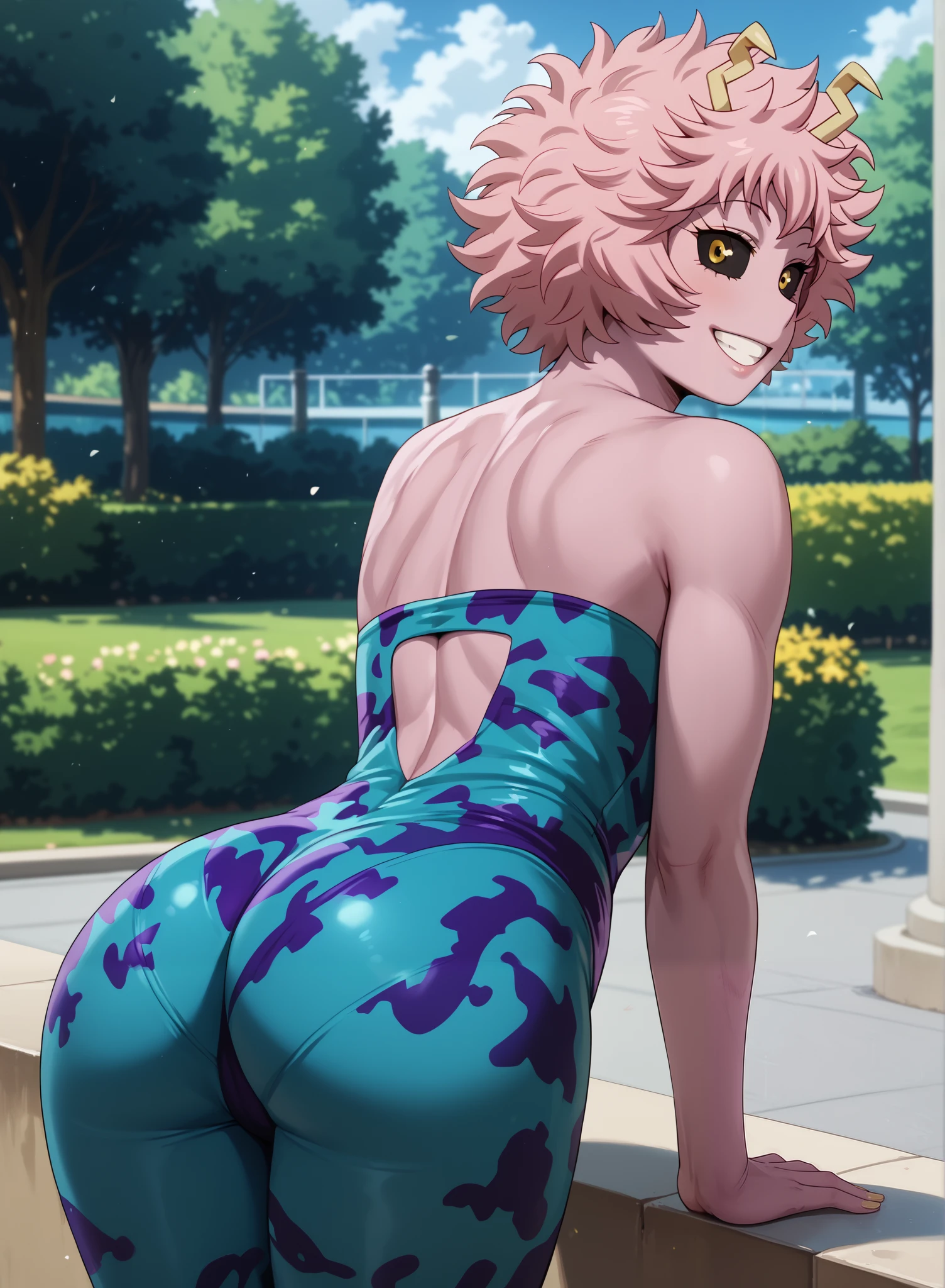 ((mina ashido)), ((masterpiece)), ((high resolution)), ((cartoon style)), ((solo portrait)), ((back view)), {(attractive figure), (toned body), (beautiful legs), (pink skin), (yellow horns), (pink hair), (yellow eyes), (black sclera), (long eyelashes), (excited smile)}, {(hero costume), (blue bodysuit)}, {(bending over), (looking back at viewer)}, ((park))