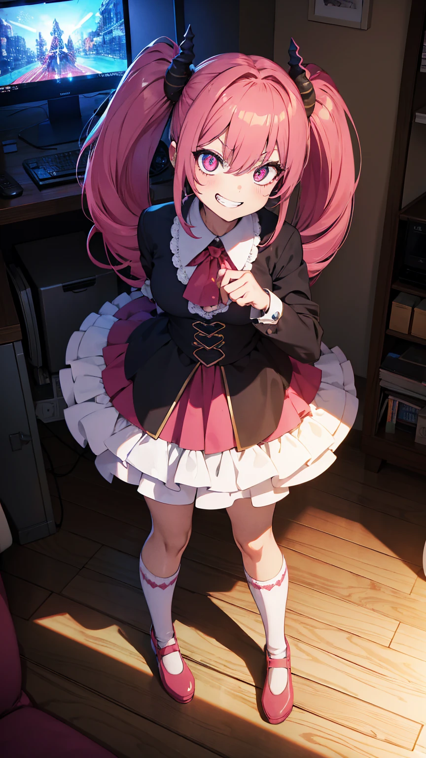 8k, masterpiece, ultra-detailed, photorealistic, 256k, 64k, (anime:1.4), pixivfanbox, vivid outline, outline, break, shade, dark light, bedroom, game monitor, playstation, game controller, gaming pc, 1girl, devil, angly, pink hair, twintail, (horror eyes:1.4), beautiful detailed eyes, wide eyes, (grin:1.4), laugh, fung, magic girl cosplay, fullbody shot