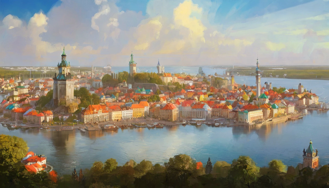 a view of a city with a clock tower and a large body of water, capital of estonia, tallinn, lviv, helsinki, russian city, summer evening, finland, city of pristine colors, paradise in the background, beautiful russia of the future, beautiful city, beautiful cityscape, summer night, in a city with a rich history, lviv historic centre