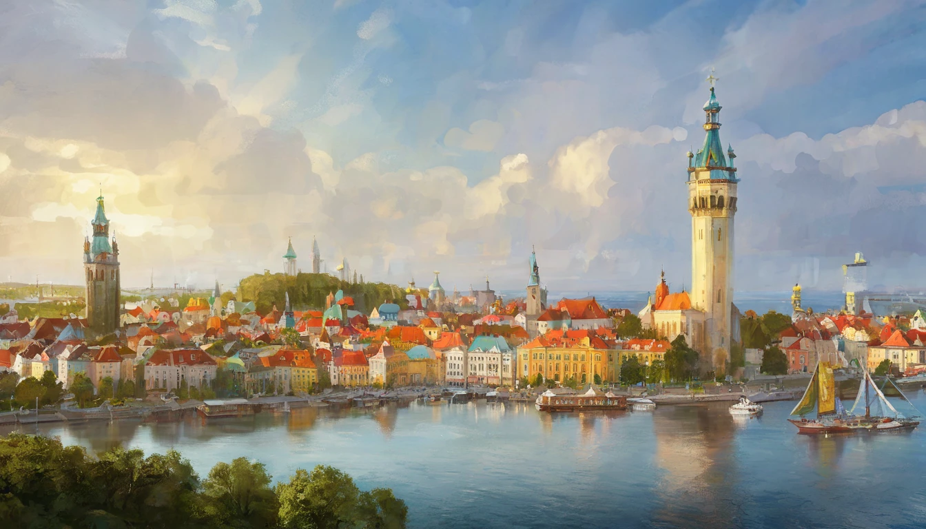 a view of a city with a clock tower and a large body of water, a picture by Julia Pishtar, shutterstock, art nouveau, capital of estonia, tallinn, lviv, helsinki, russian city, summer evening, finland, city of pristine colors, paradise in the background, beautiful russia of the future, beautiful city, beautiful cityscape, summer night