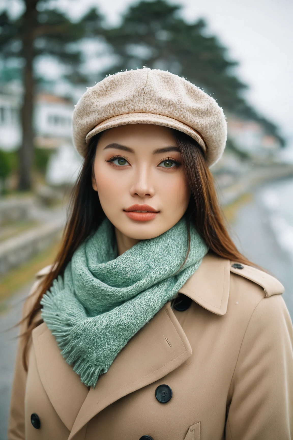 a realistic front-view portrait photography of a beautiful woman with green eyes standing in a town with ocean view, close-up shot, look up to the sky, detailed beautiful meek face, photo take by film camera, fashion lookbook, she has ginger hair, she wearing an trench coat and wool hat and scarf, dawn light, winter season, light snow falling, (bokeh), vintage green theme, diffused light, soft focus, depth of field, intricate detail, skin texture, asian_girl