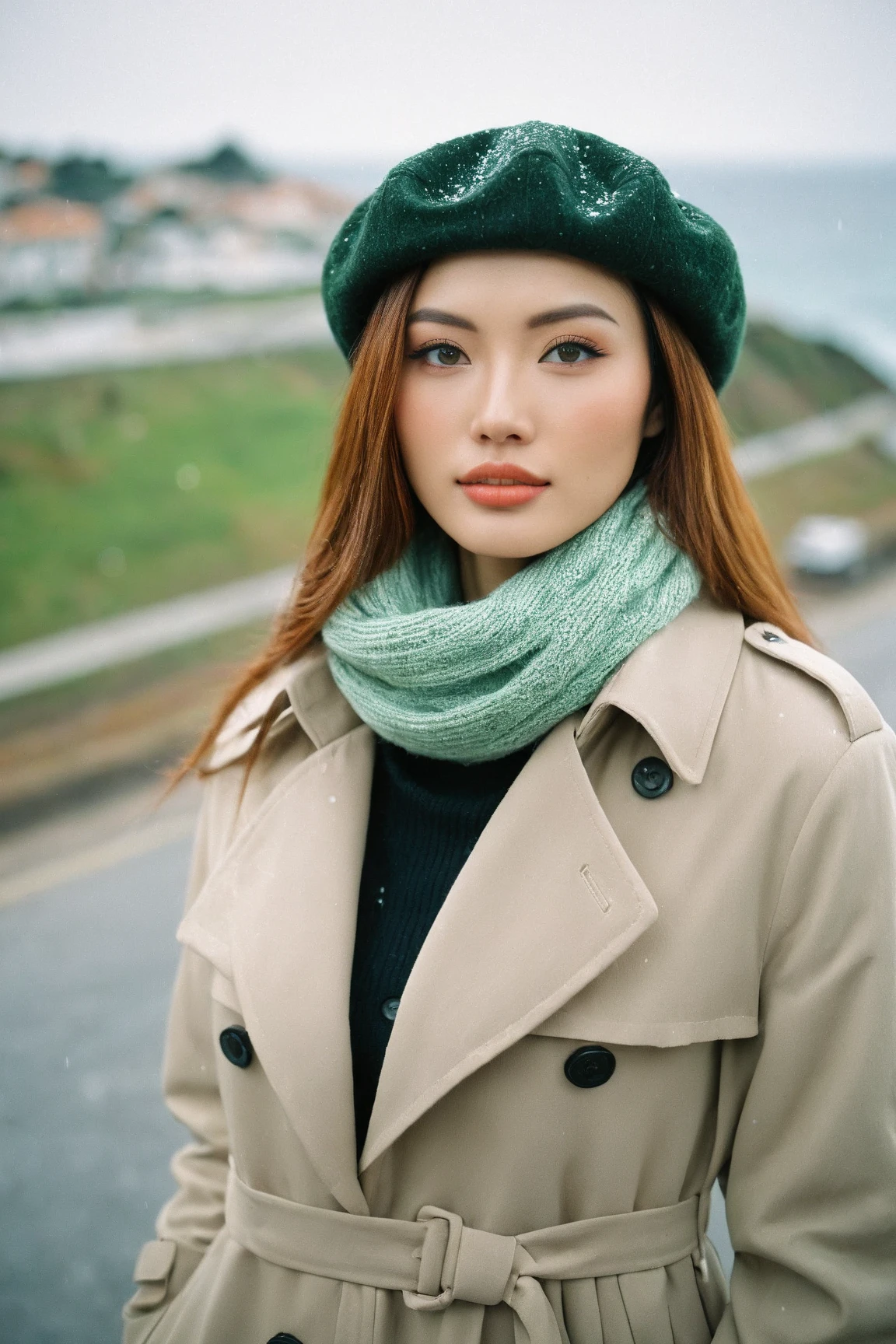 a realistic front-view portrait photography of a beautiful woman with green eyes standing in a town with ocean view, close-up shot, look up to the sky, detailed beautiful meek face, photo take by film camera, fashion lookbook, she has ginger hair, she wearing an trench coat and wool hat and scarf, dawn light, winter season, light snow falling, (bokeh), vintage green theme, diffused light, soft focus, depth of field, intricate detail, skin texture, asian_girl