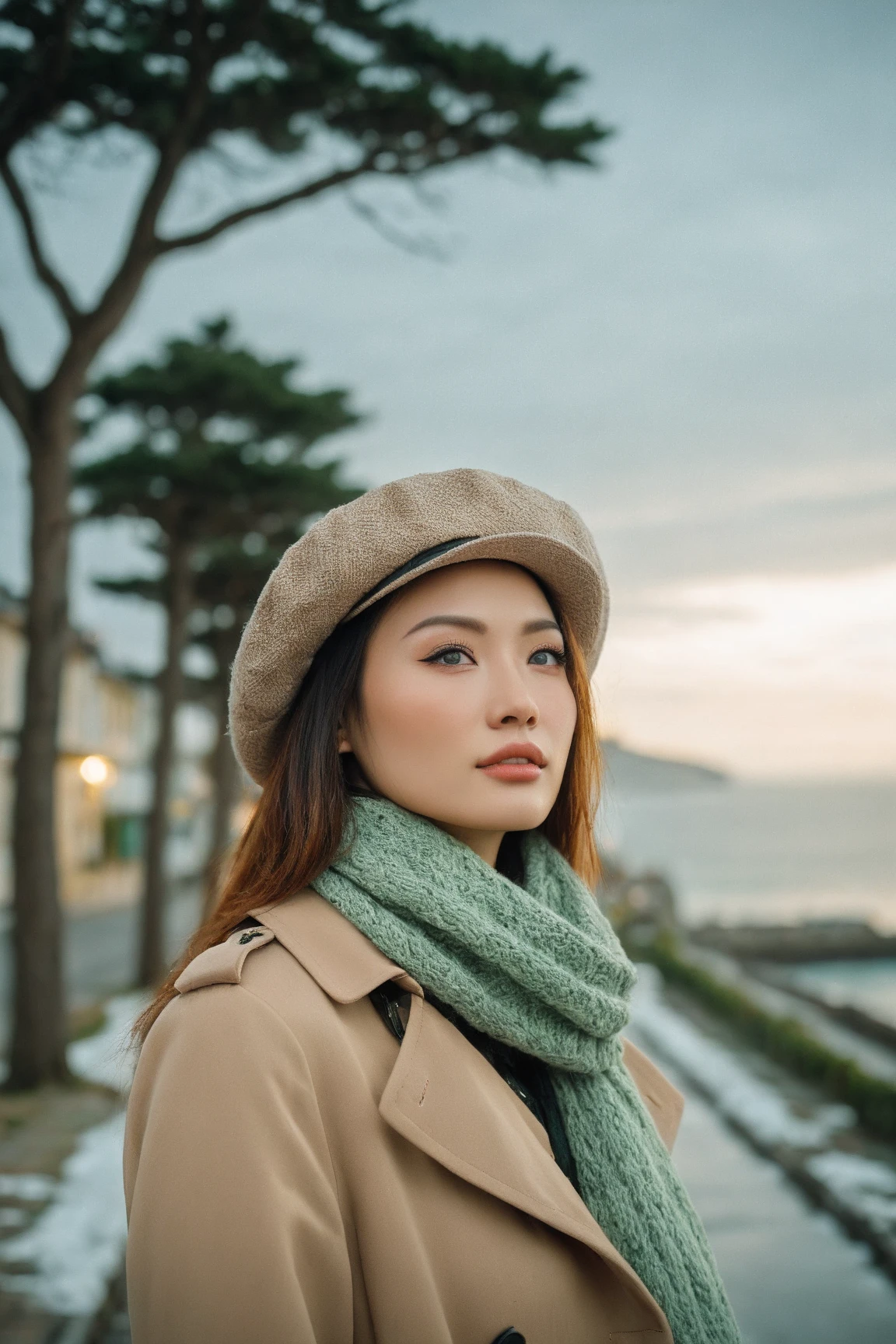 a realistic front-view portrait photography of a beautiful woman with green eyes standing in a town with ocean view, close-up shot, look up to the sky, detailed beautiful meek face, photo take by film camera, fashion lookbook, she has ginger hair, she wearing an trench coat and wool hat and scarf, dawn light, winter season, light snow falling, (bokeh), vintage green theme, diffused light, soft focus, depth of field, intricate detail, skin texture, asian_girl