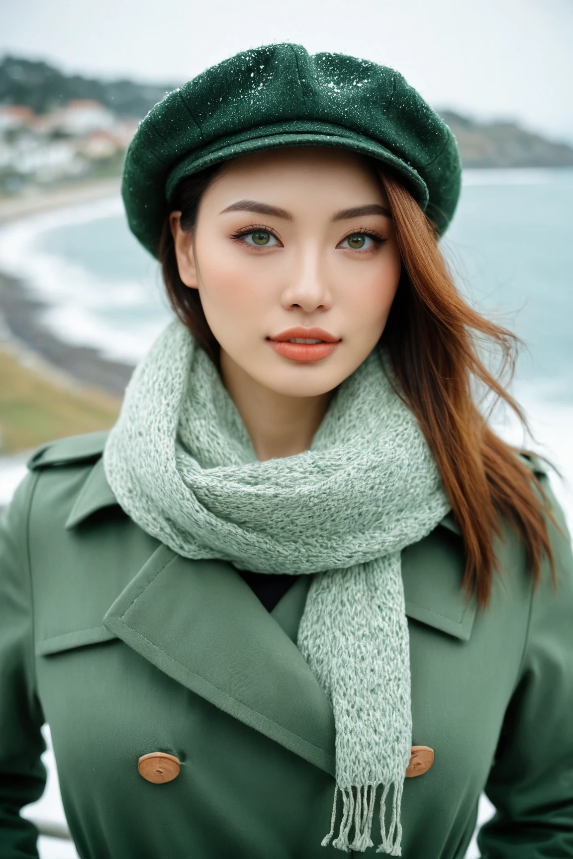 a realistic front-view portrait photography of a beautiful woman with green eyes standing in a town with ocean view, close-up shot, look up to the sky, detailed beautiful meek face, photo take by film camera, fashion lookbook, she has ginger hair, she wearing an trench coat and wool hat and scarf, dawn light, winter season, light snow falling, (bokeh), vintage green theme, diffused light, soft focus, depth of field, intricate detail, skin texture, asian_girl