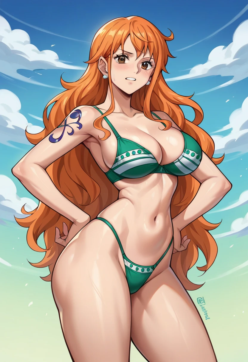 Create a nami, with a tight bikini, her breasts standing, successful together with good from one piece,looking with eyes of passion, and a big ass both