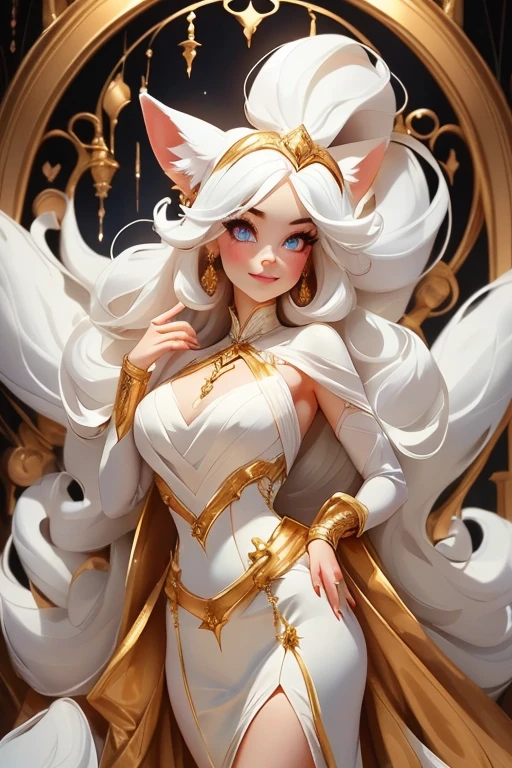 Perfect face. Perfect hands. A white haired woman with copper eyes and an hourglass figure with white fox ears and a white fox tail in a golden ballgown is smiling in a Gothic ballroom