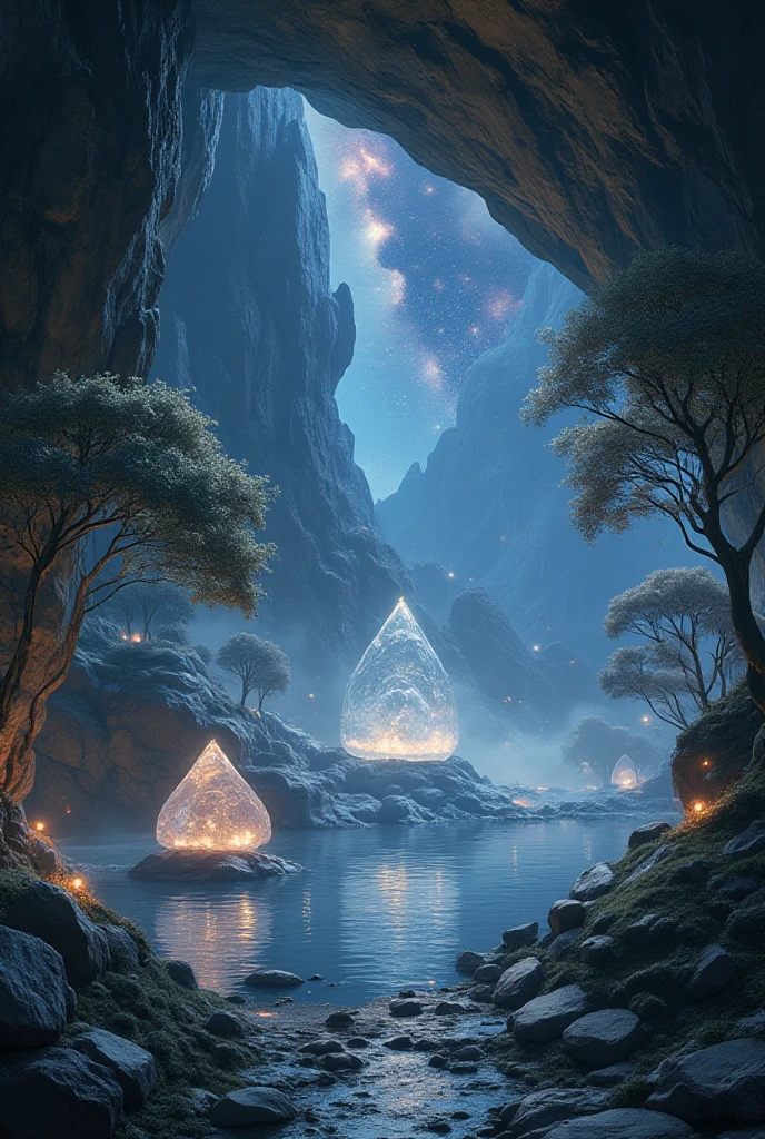  A vast cave where the line between real and surreal dissolves .  The entrance consists of large dark rocks , but when entering ,  the environment is transformed .  Giant crystals float in the air ,  emitting a soft light that illuminates sinuous paths ,  while trees with silver trunks and translucent leaves grow directly from the rock walls.  The mist that rises from the ground creates a mystical and ethereal aura . In the background,  a crystalline lake reflects not only the rocky ceiling ,  but also a starry sky ,  creating the feeling that the universe is within reach .  Luminous Creatures ,  like firebirds and small spheres of light ,  they float around , defying the logic of gravity. At the top of the image,  in a futuristic and immersive fountain , is the title: "IMMERSIVE EXPLORATION",  that integrates into the scenario as if it were part of the environment itself ,  completing the feeling of a magical world and ."