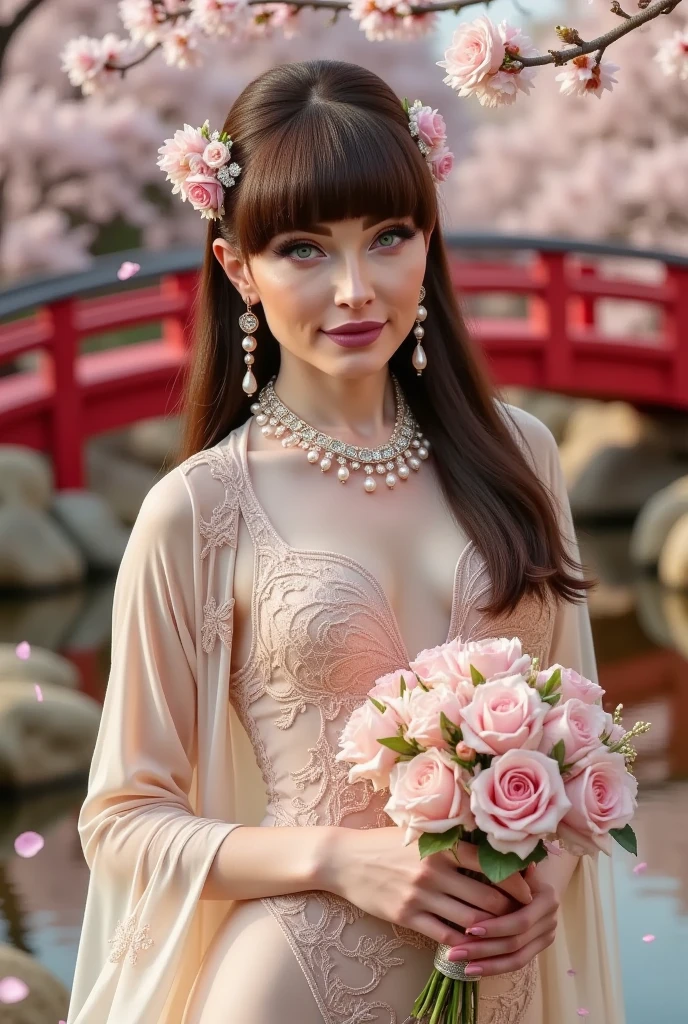 "A charming Egyptian bride, wearing a modern cherry blossom theme wedding look, showing her elegance and sexy from a full body perspective. Hair style combines traditional Egyptian elegance and modern fashion, high ponytail with natural micro-credded hair tail, and pearl cherry blossom hair accessories to add a romantic breath. Make-up is based on the pollen, the eyelids have delicate pearls, the slim cat eyeliner highlights the glamorous eyes, and the rose pink soft and sexy lips show a soft and sexy temperament. Wedding dress design inspired by the ease of cherry blossoms and the structural beauty of Pharaonic. Transparent lace tight body has an unsymmetric design. One side has a long sleeve, the other side has a bare shoulder with clavicle lines. The skirt is a light layer with light powder gradient stained, and the three-dimensional cherry blossom embroidery embroidery to add a romantic atmosphere. Foot wearing crystal thin strap high heels, transparent heels add lightness. Jewelry is selected with white gold cherry blossom earrings and a white gold hinge covered with pink diamonds, echoing cherry blossom theme. She wears a light cherry blossom embroidery shawl and holds pink and white cherry blossoms and green leaf bouquet in her hand. The scene is set in a garden of blooming cherry blossoms, with petals scattered on the ground. The background is traditional Japanese red bridge and running water. The cherry blossom tree is lit in soft light, creating a romantic dream atmosphere. 