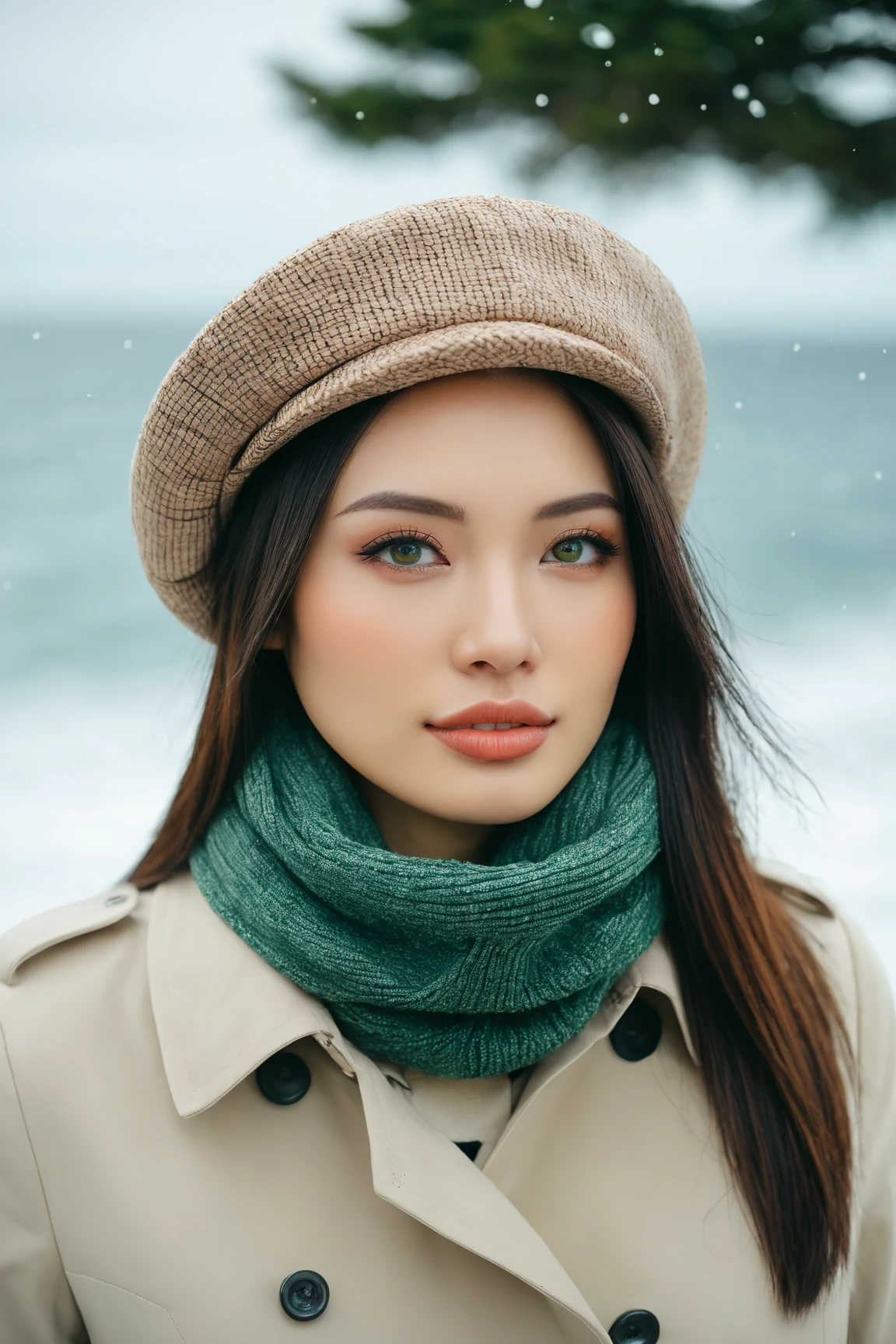 a realistic front-view portrait photography of a beautiful woman with green eyes standing in a town with ocean view, close-up shot, look up to the sky, detailed beautiful meek face, photo take by film camera, fashion lookbook, she has ginger hair, she wearing an trench coat and wool hat and scarf, dawn light, winter season, light snow falling, (bokeh), vintage green theme, diffused light, soft focus, depth of field, intricate detail, skin texture, asian_girl