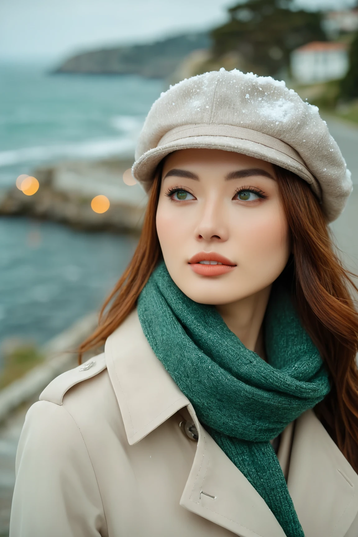 a realistic front-view portrait photography of a beautiful woman with green eyes standing in a town with ocean view, close-up shot, look up to the sky, detailed beautiful meek face, photo take by film camera, fashion lookbook, she has ginger hair, she wearing an trench coat and wool hat and scarf, dawn light, winter season, light snow falling, (bokeh), vintage green theme, diffused light, soft focus, depth of field, intricate detail, skin texture, asian_girl