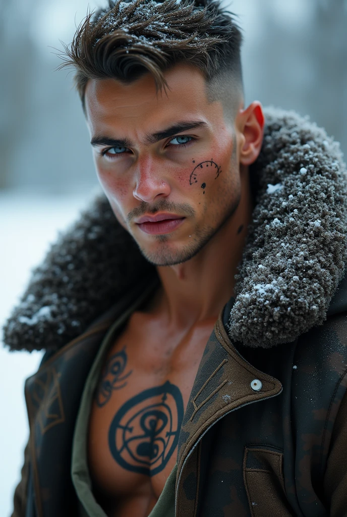 Handsome russian man. He is tall. Has muscular build, pale skin. Gray shiny eyes (nearly white). Gray eyes. Spiky short degraphed hair. Dark brown (slightly green) hair tone. Wears a fur mantle (brown). Metallic blue swim briefs, low-rise speedo. He is a russian druid. Manly face, masculine face, shaved. Muscular. adult. Spiky short hair. Gray eyes.