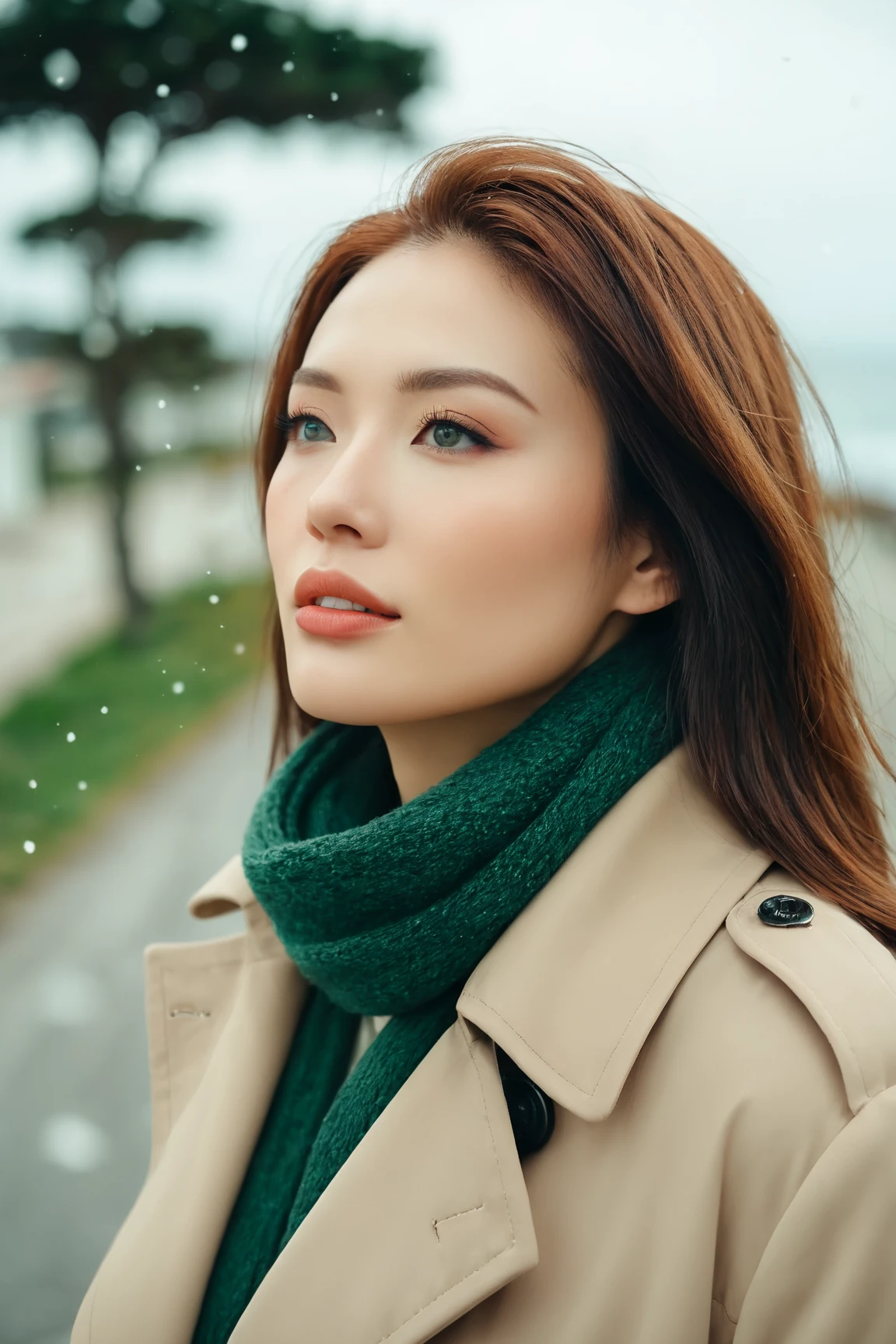 a realistic front-view portrait photography of a beautiful woman with green eyes standing in a town with ocean view, close-up shot, look up to the sky, detailed beautiful meek face, photo take by film camera, fashion lookbook, she has ginger hair, she wearing an trench coat and wool hat and scarf, dawn light, winter season, light snow falling, (bokeh), vintage green theme, diffused light, soft focus, depth of field, intricate detail, skin texture, asian_girl