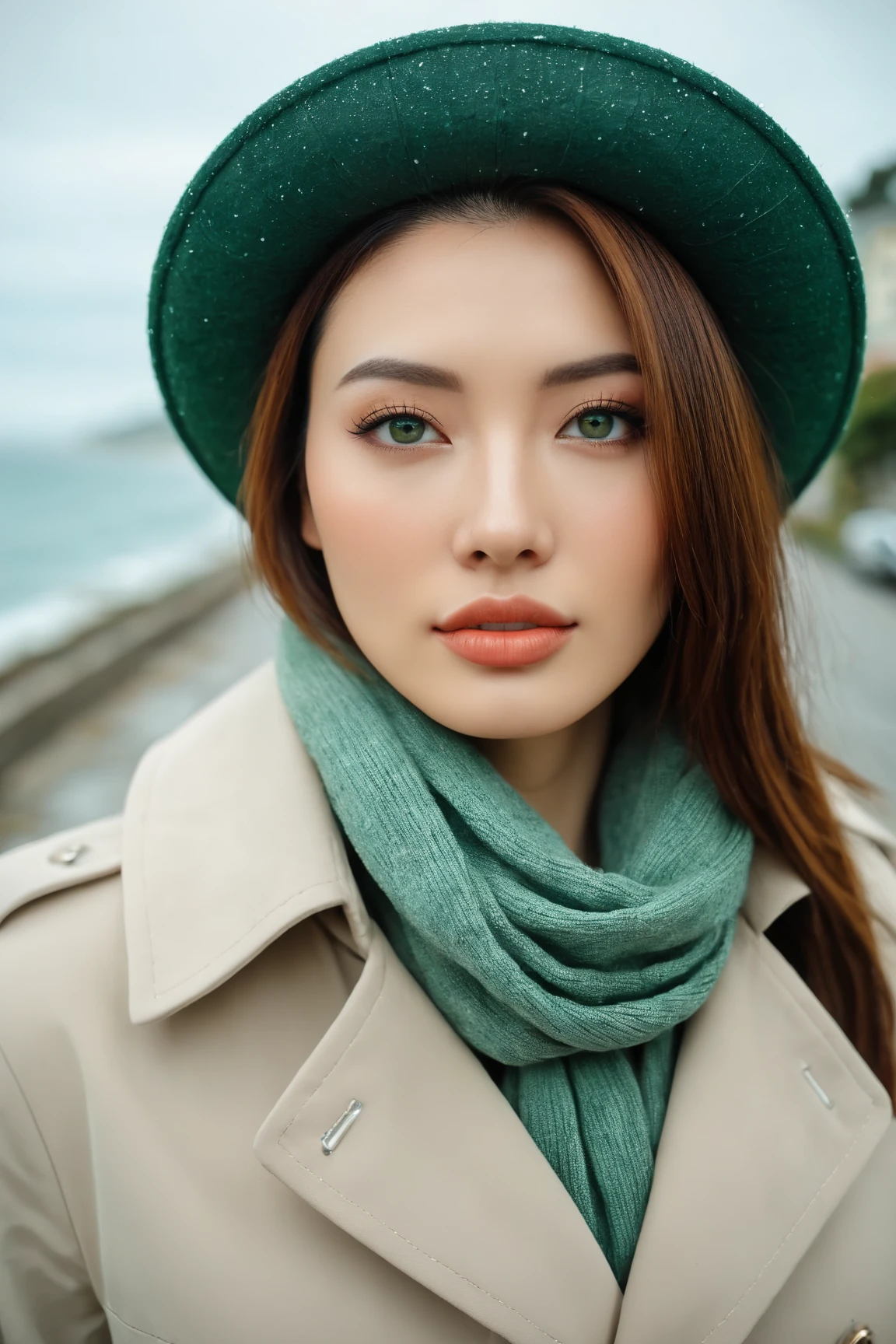 a realistic front-view portrait photography of a beautiful woman with green eyes standing in a town with ocean view, close-up shot, look up to the sky, detailed beautiful meek face, photo take by film camera, fashion lookbook, she has ginger hair, she wearing an trench coat and wool hat and scarf, dawn light, winter season, light snow falling, (bokeh), vintage green theme, diffused light, soft focus, depth of field, intricate detail, skin texture, asian_girl